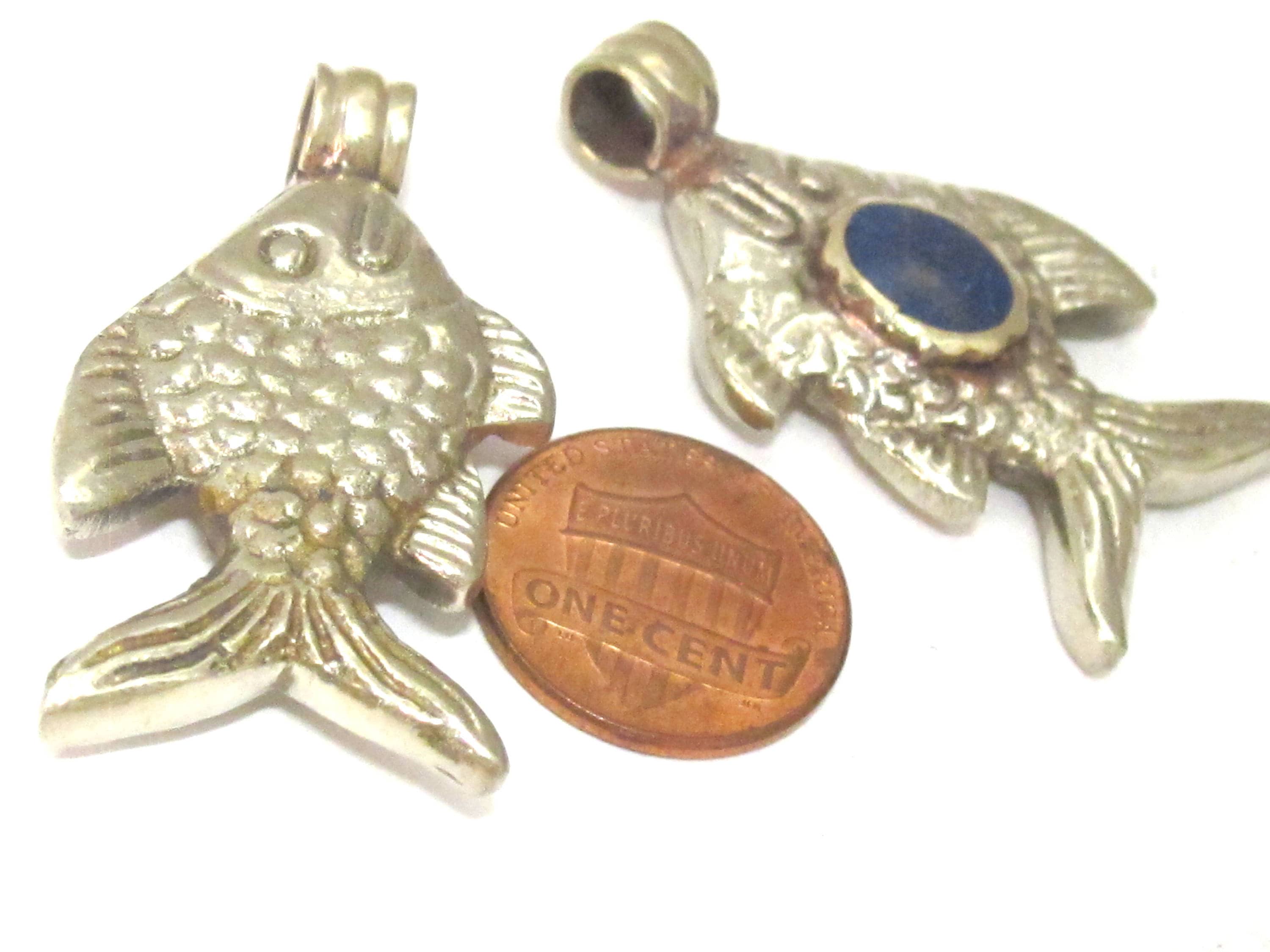 1 Pendant - Dual sided Tibetan silver fish repousse pendant with lapis inlay from Nepal - PM563B