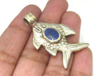 1 Pendant - Dual sided Tibetan silver fish repousse pendant with lapis inlay from Nepal - PM563B