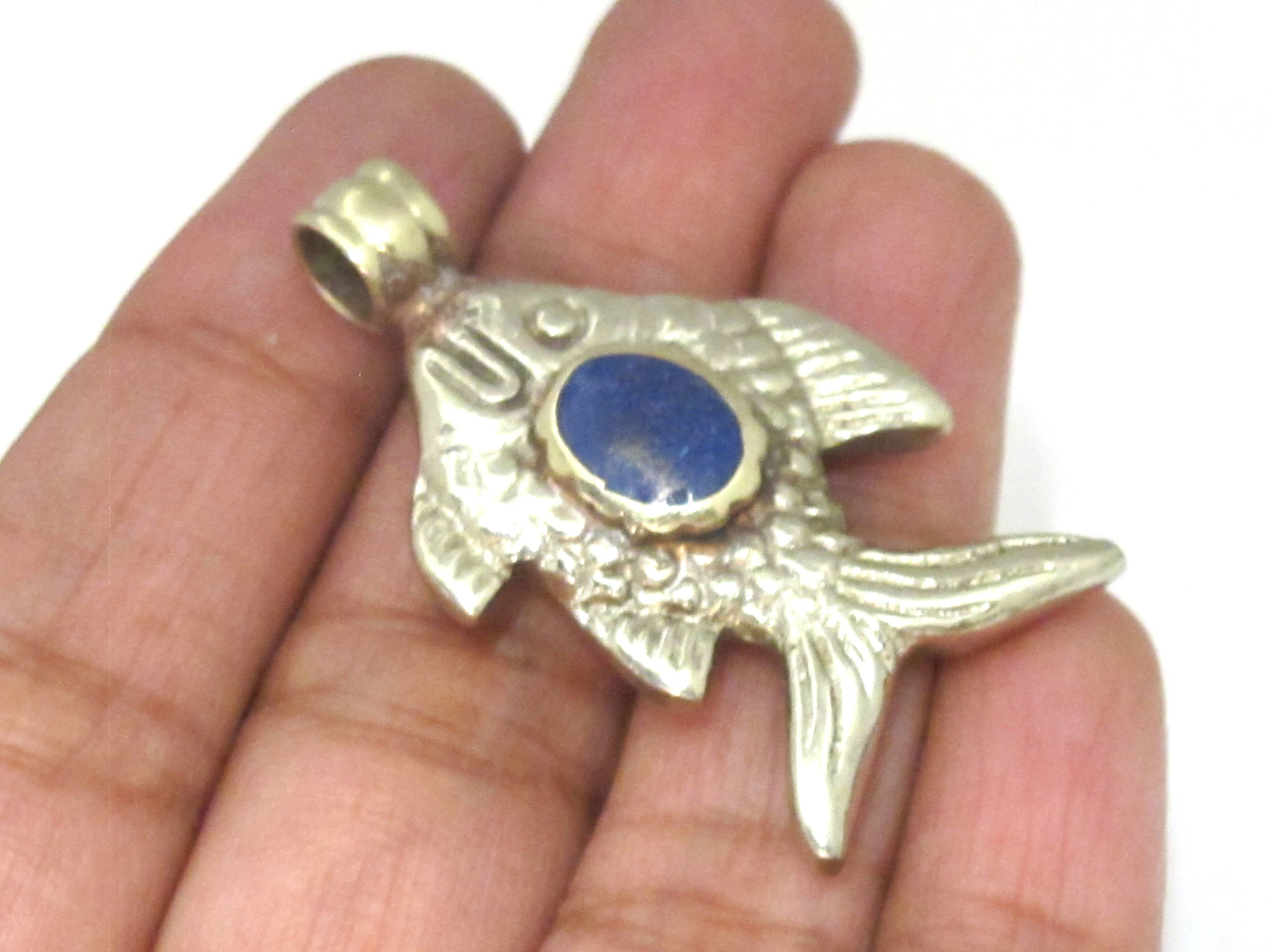 1 Pendant - Dual sided Tibetan silver fish repousse pendant with lapis inlay from Nepal - PM563B