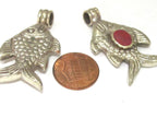 1 Pendant - Dual sided Tibetan silver tone fish repousse pendant with inlay - PM563E