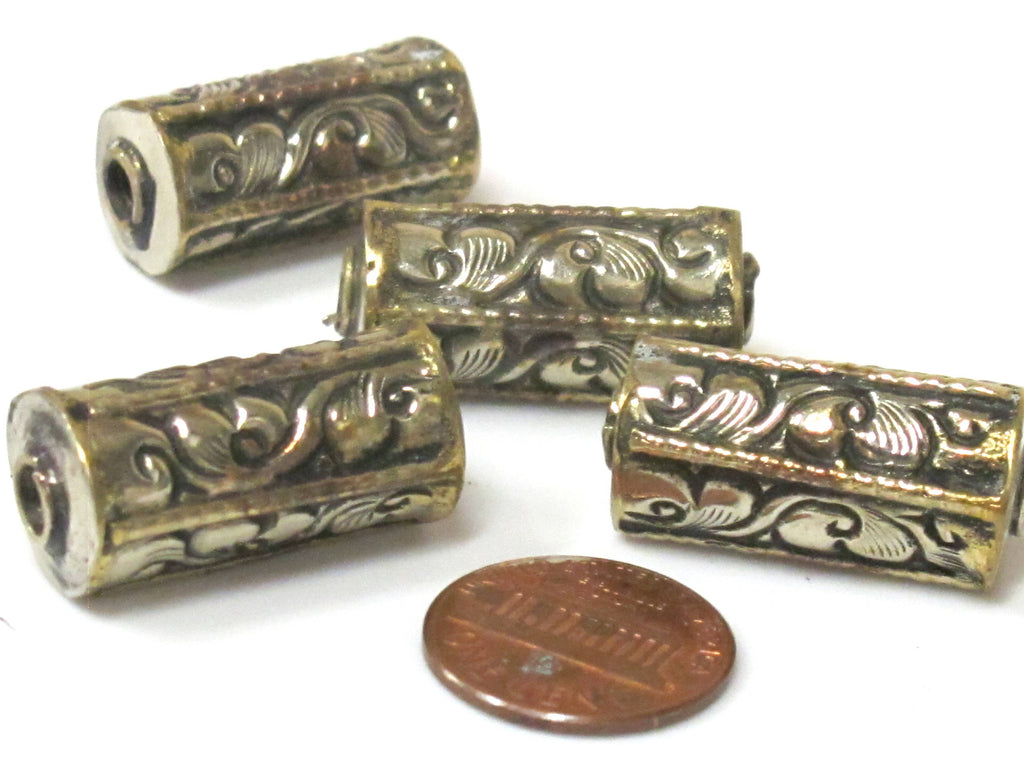 1 Bead - Ethnic Nepal beads cylinder tube shape Tibetan silver with brass repousse floral design bead- BD967