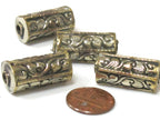 1 Bead - Ethnic Nepal beads cylinder tube shape Tibetan silver with brass repousse floral design bead- BD967