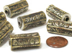 1 Bead - Ethnic Nepal beads cylinder tube shape Tibetan silver with brass repousse floral design bead- BD967
