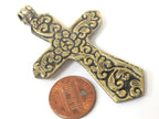 1 Pendant - Reversible Tibetan Nepal solid brass cross pendant with carved flower design both sides - PM423 Copyright Nepalbeadshop
