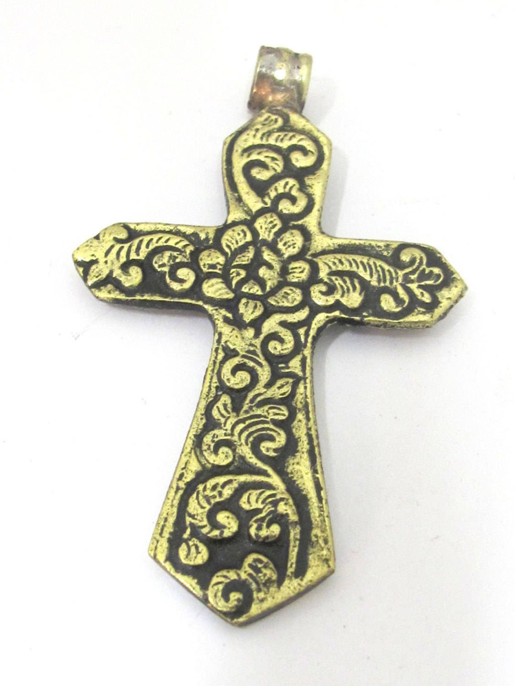 1 Pendant - Reversible Tibetan Nepal solid brass cross pendant with carved flower design both sides - PM423 Copyright Nepalbeadshop