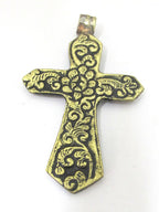1 Pendant - Reversible Tibetan Nepal solid brass cross pendant with carved flower design both sides - PM423 Copyright Nepalbeadshop