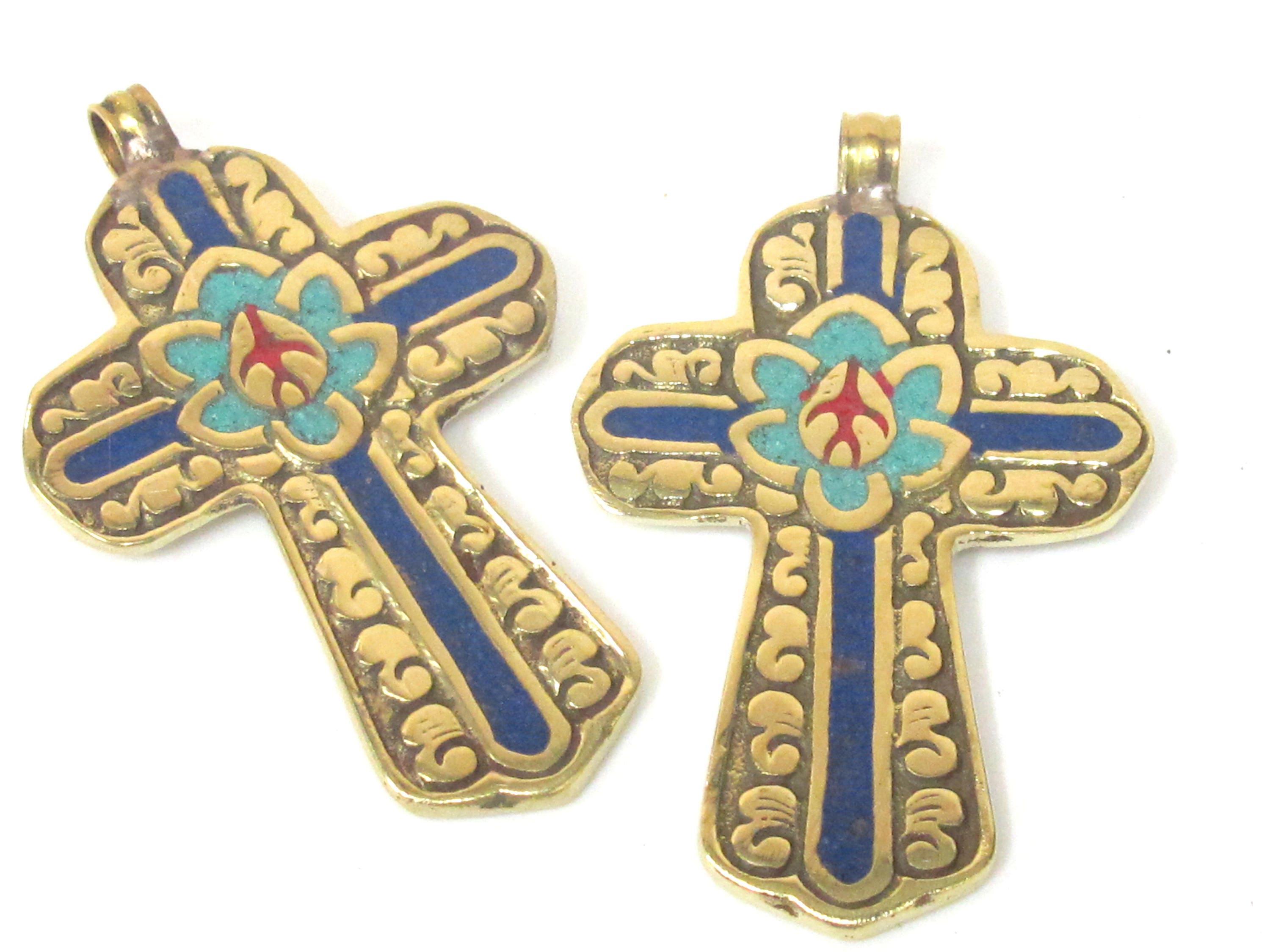 1 Pendant - Reversible Tibetan solid Brass lotus floral filigree cross Pendant with turquoise lapis inlay - PM564A