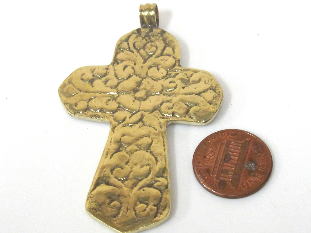 1 Pendant - Reversible Tibetan solid Brass lotus floral filigree cross Pendant with turquoise lapis inlay - PM564A
