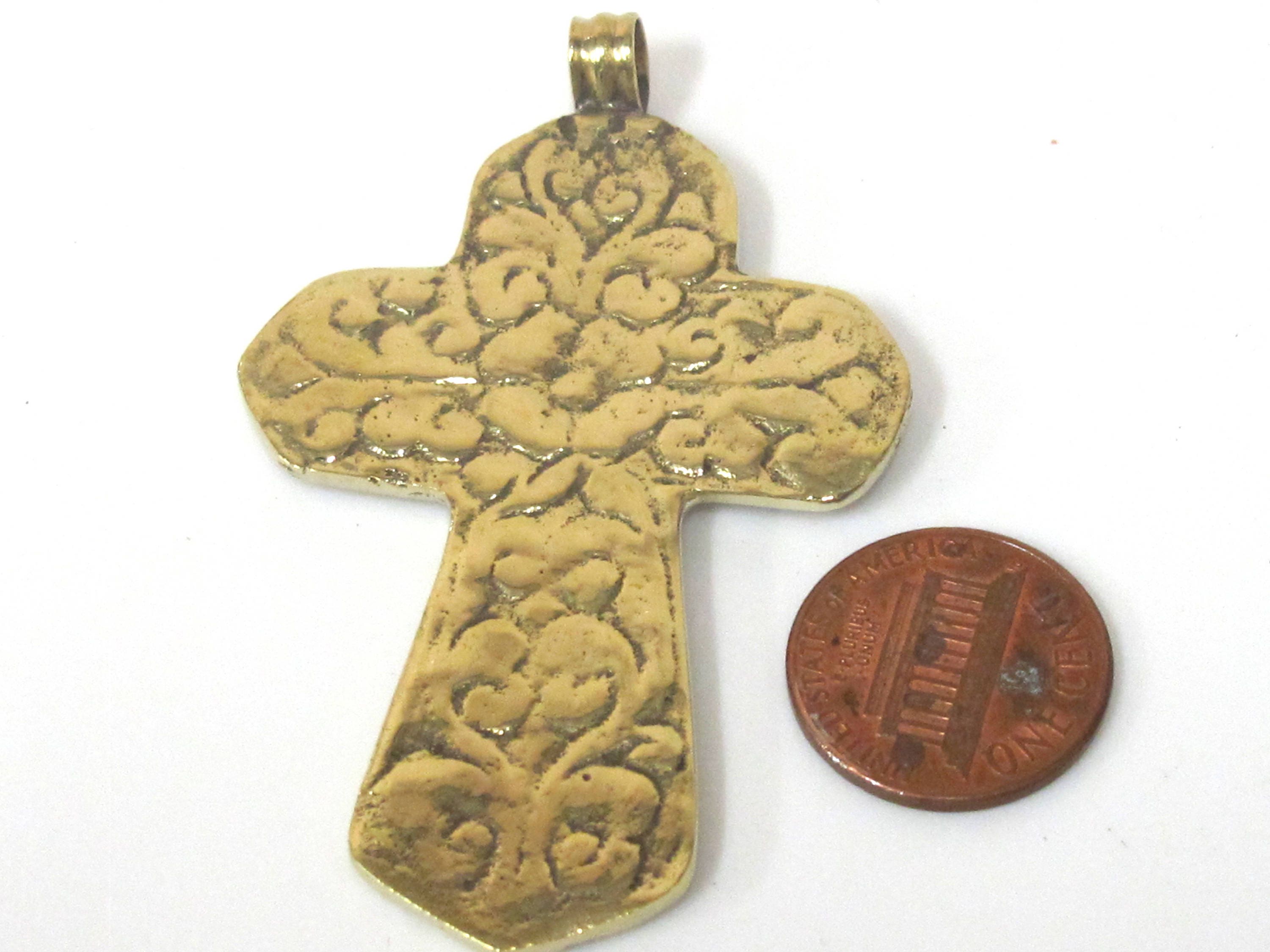 1 Pendant - Reversible Tibetan solid Brass lotus floral filigree cross Pendant with turquoise lapis inlay - PM564A