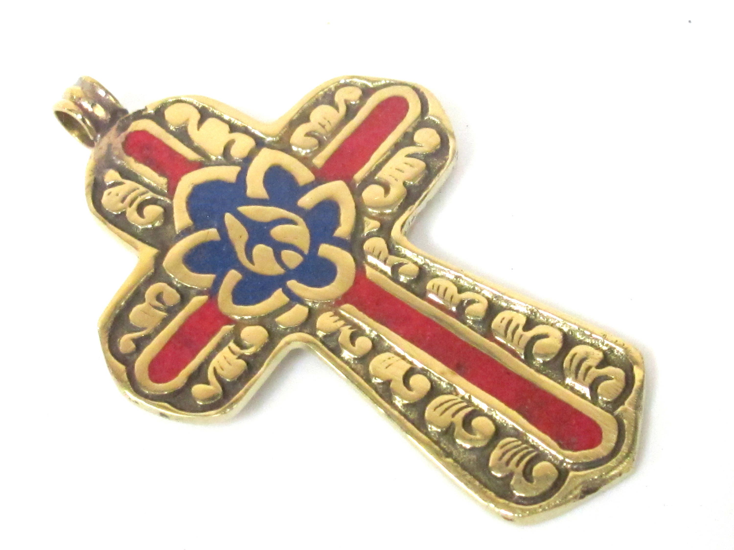 1 Pendant - Reversible Tibetan solid Brass cross pendant with lotus floral carving lapis inlay - PM564B Copyright Nepalbeadshop