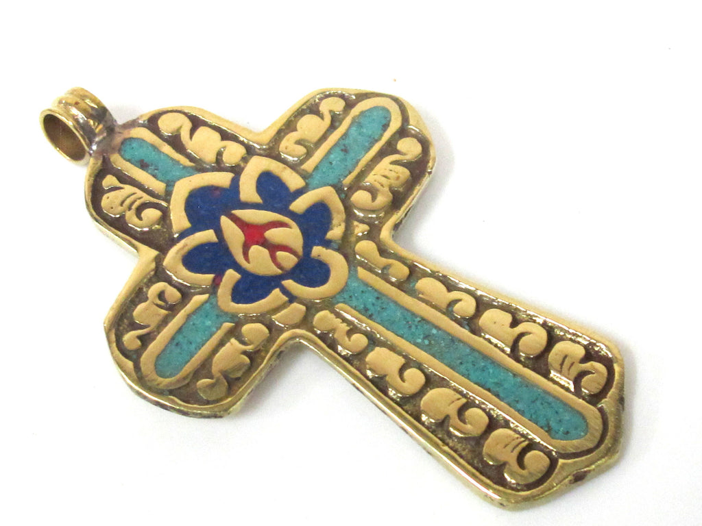 1 Pendant - Reversible Tibetan solid Brass cross pendant with lotus floral carving turquoise lapis inlay - PM564C
