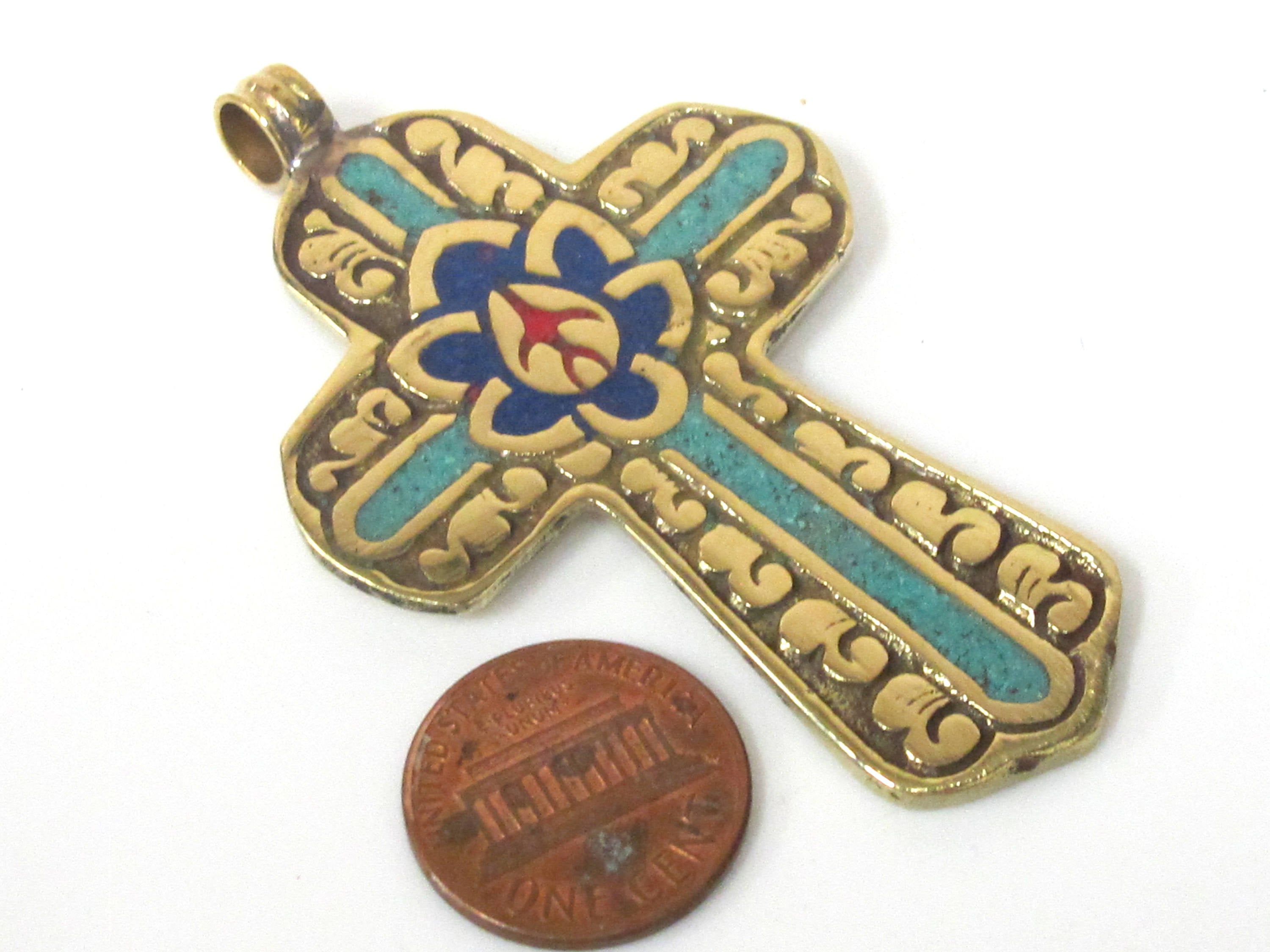 1 Pendant - Reversible Tibetan solid Brass cross pendant with lotus floral carving turquoise lapis inlay - PM564C
