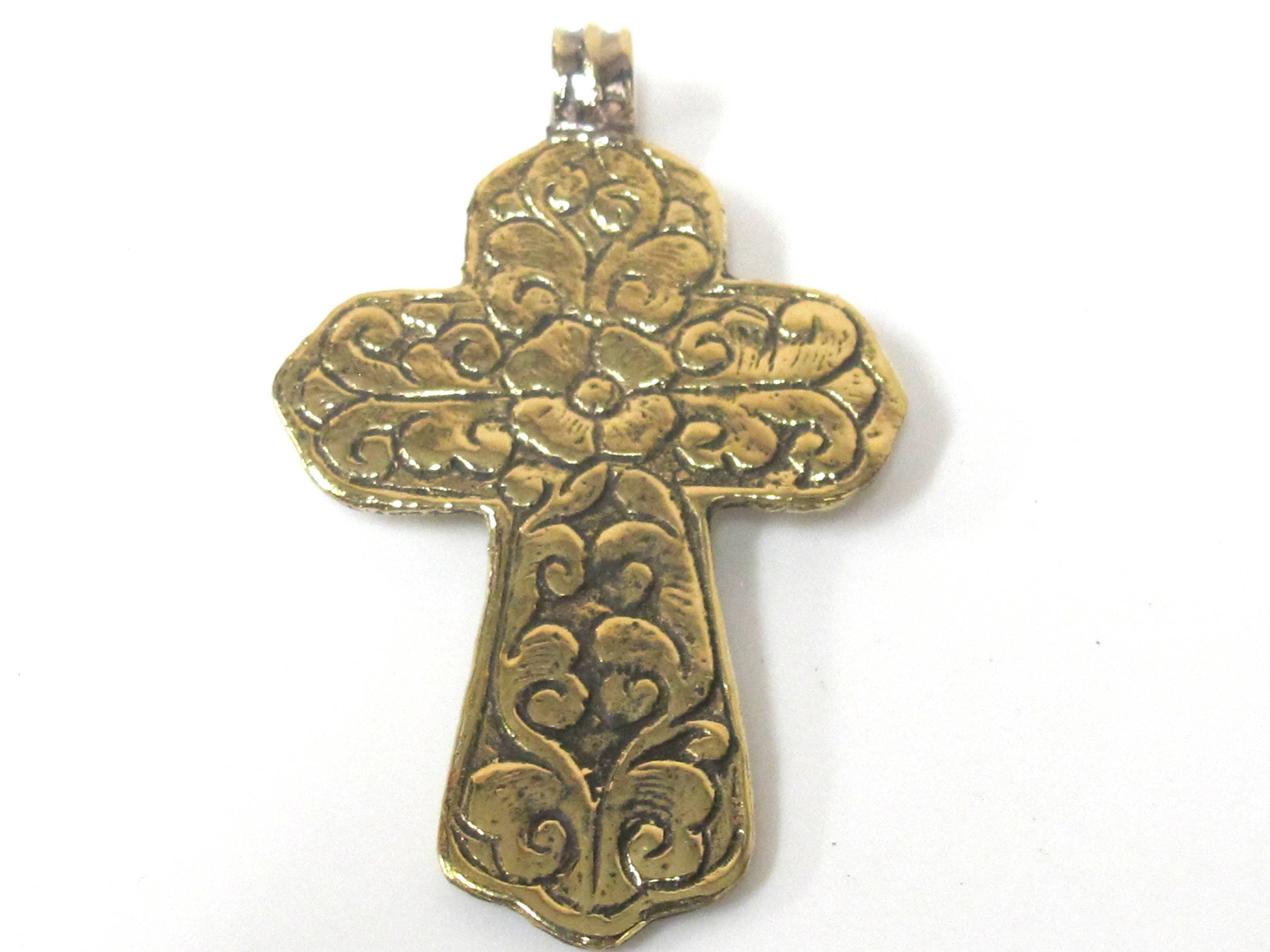 3 Pendants set - Ethnic Large Tibetan Nepal solid Brass cross pendant with lotus floral carving turquoise lapis inlay - PM565D