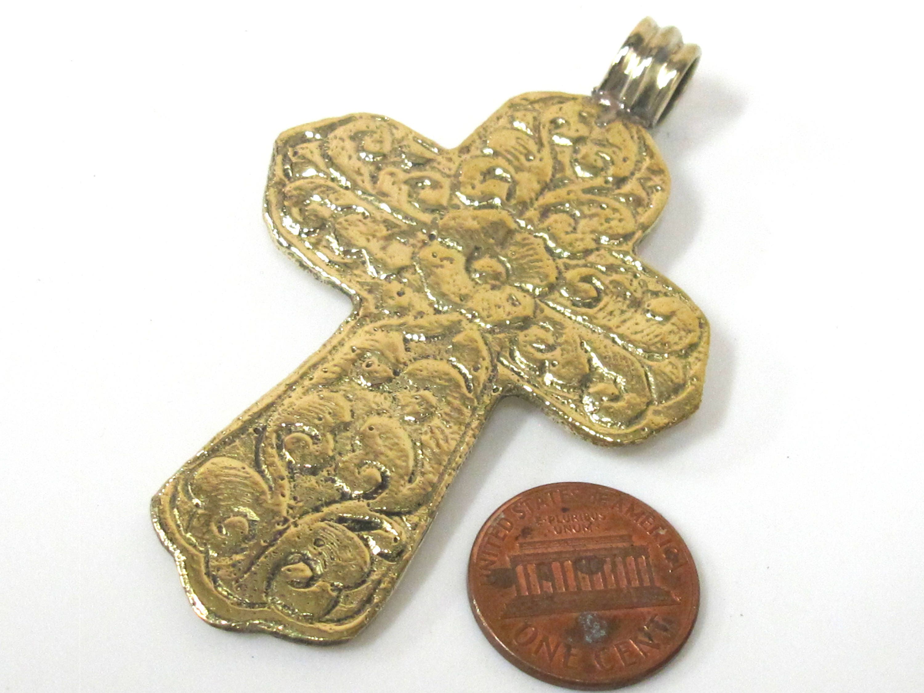 3 Pendants set - Ethnic Large Tibetan Nepal solid Brass cross pendant with lotus floral carving turquoise lapis inlay - PM565D