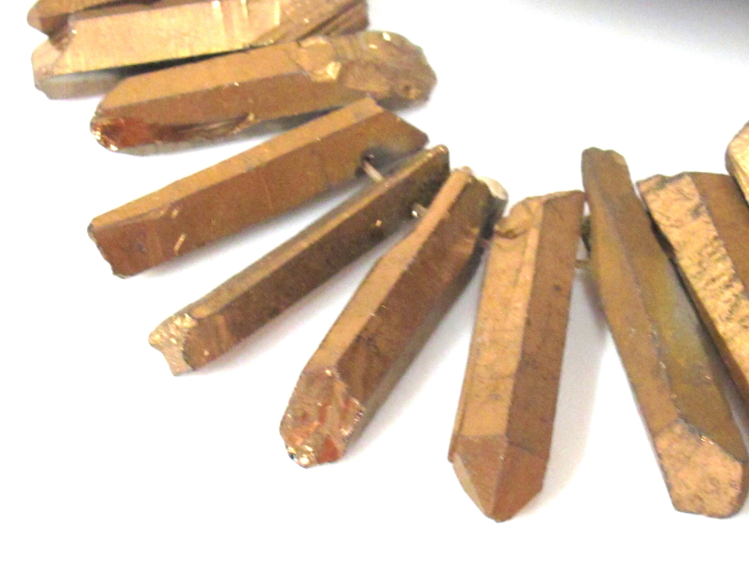 10 BEADS - Quartz gemstone Gold color electroplated quartz point beads sticks - GM434