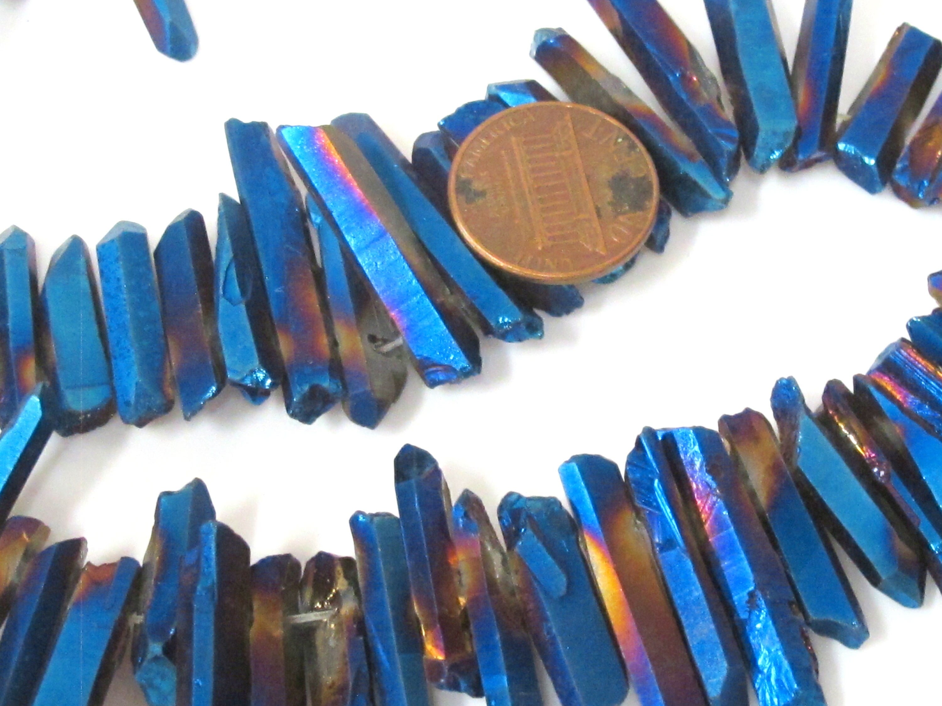 1 full strand 15.5 inches - Electrifying mystic blue titanium quartz points needle stick shape beads - GM436