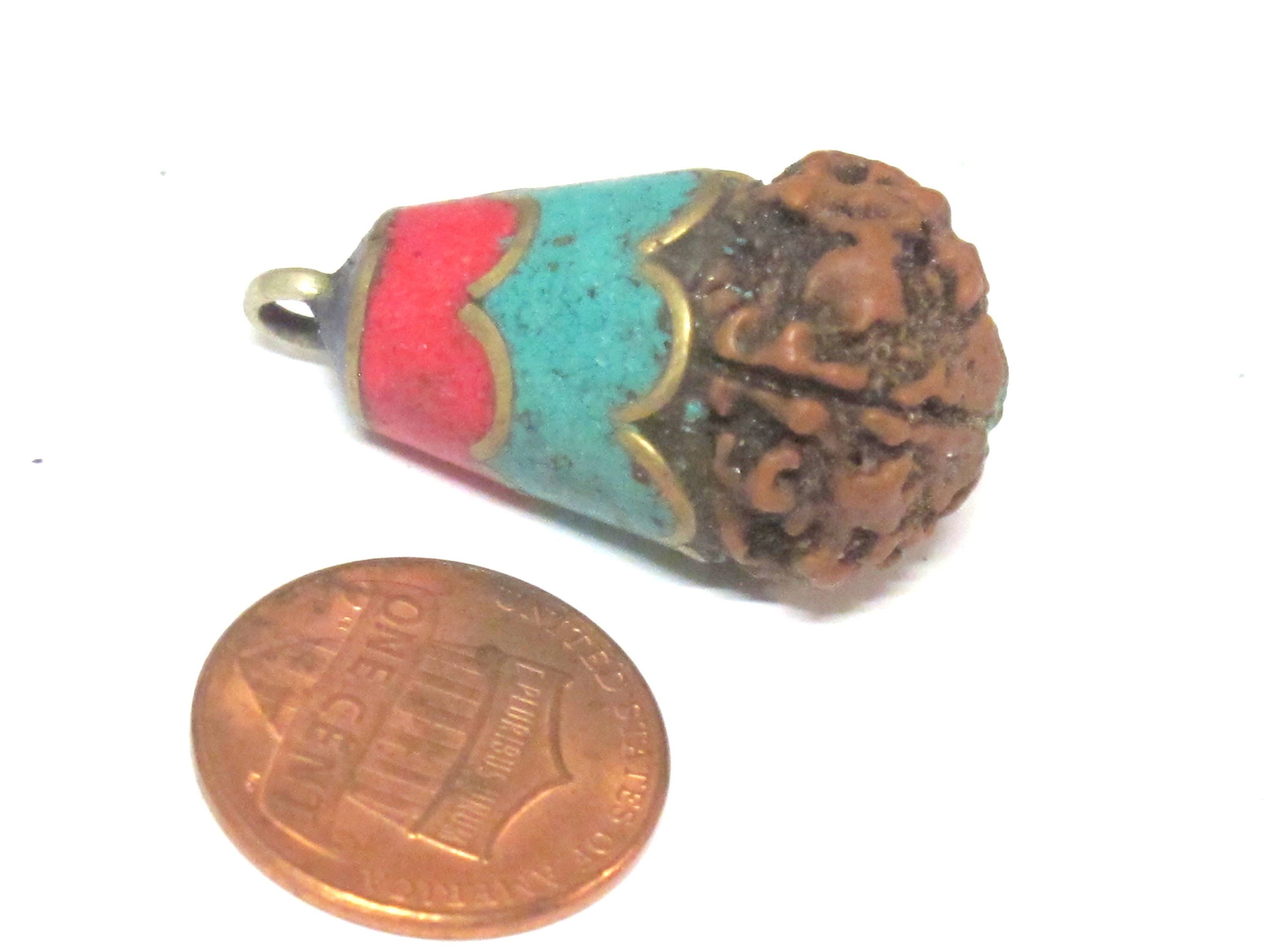 1 Pendant - Tibetan Nepal natural Rudraksha seed bead brass capped drop pendant - PM566