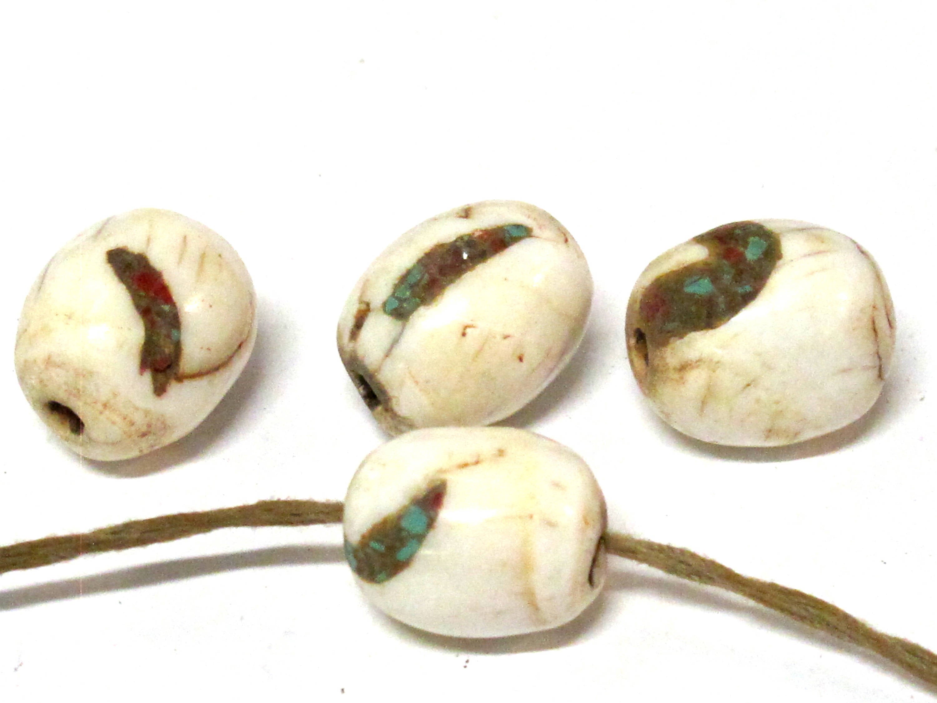 1 Bead - Ethnic Tibetan naga conch shell olive barrel shape beads with inlay - CH017A