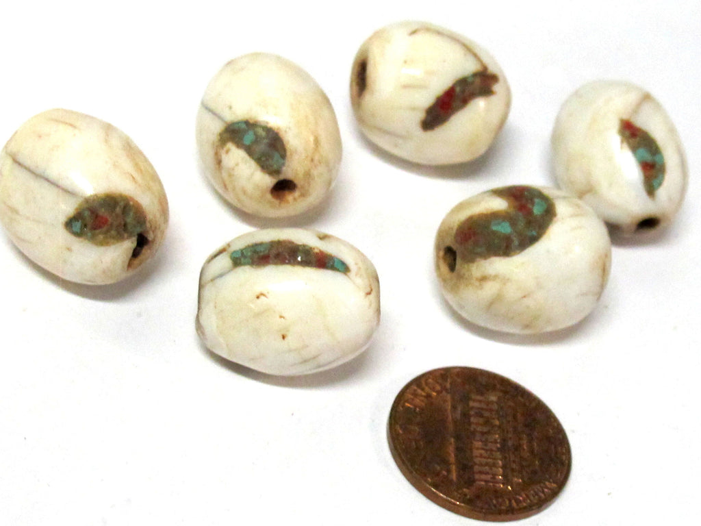 1 Bead - Ethnic Tibetan naga conch shell olive barrel shape beads with inlay - CH017A