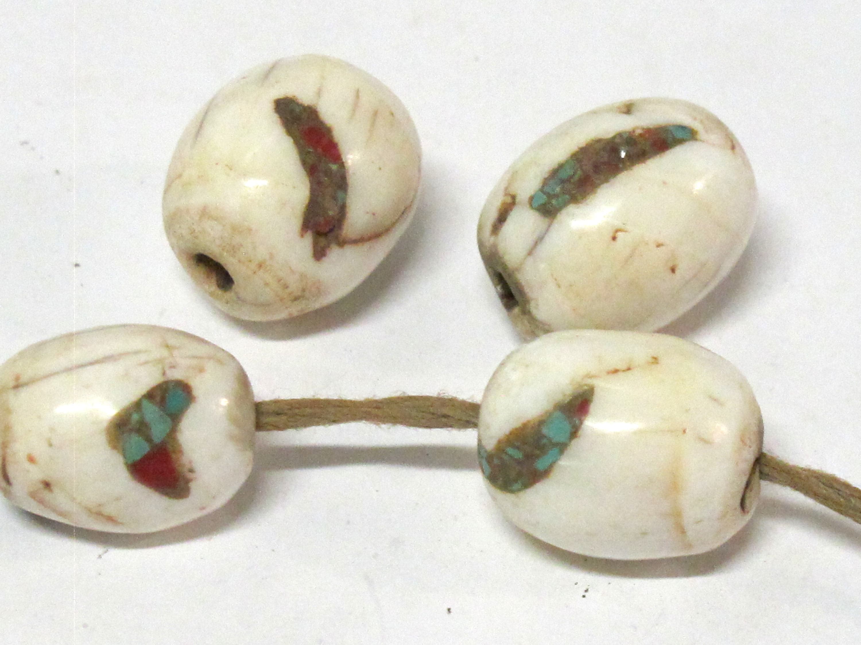 1 Bead - Ethnic Tibetan naga conch shell olive barrel shape beads with inlay - CH017A