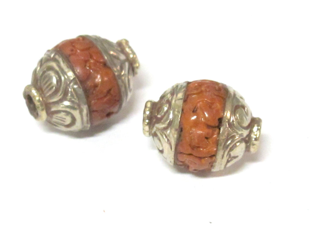 2 Beads - Tibetan capped Bodhi seed beads with floral design on cap - NB154