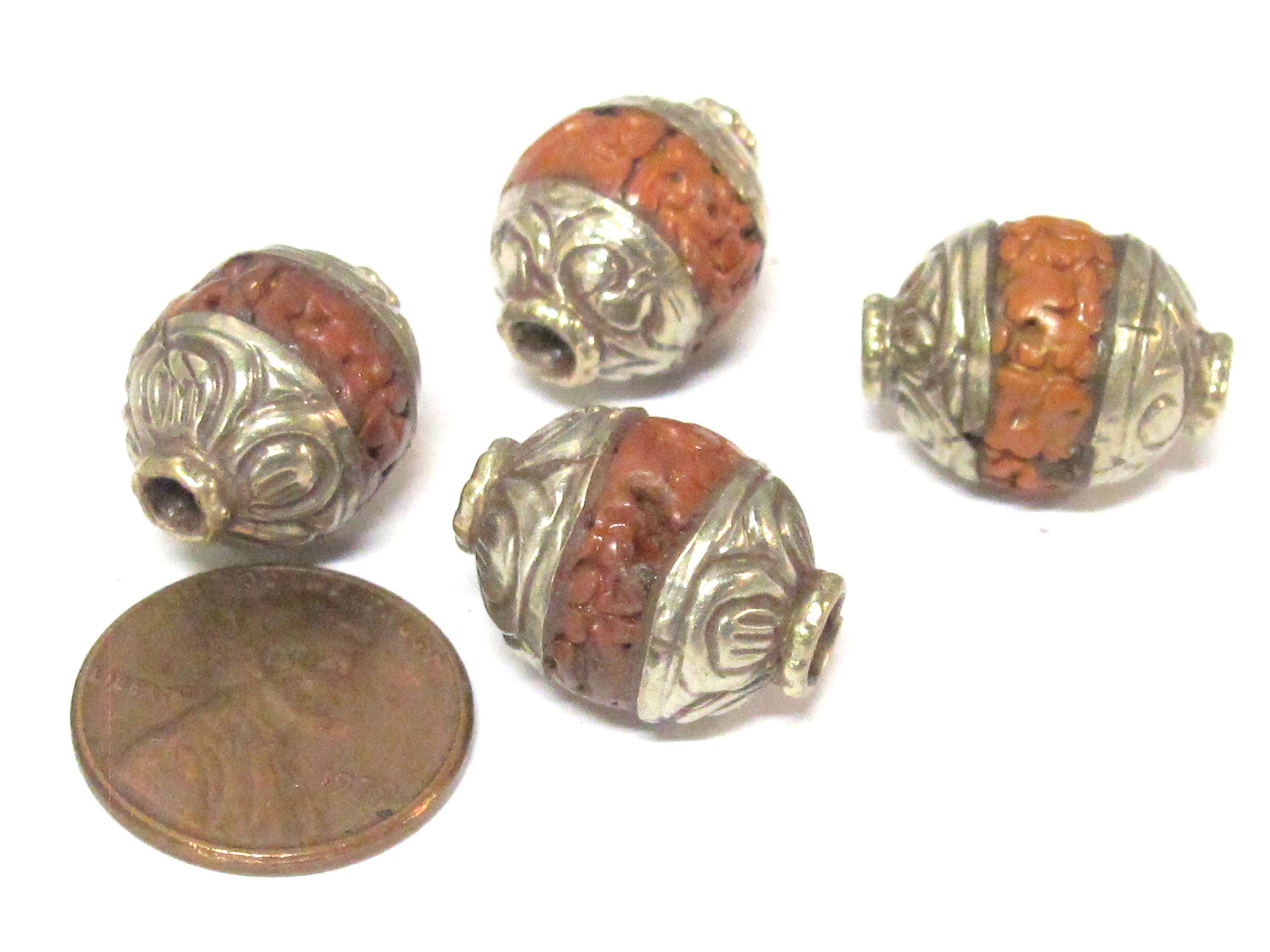 2 Beads - Tibetan capped Bodhi seed beads with floral design on cap - NB154