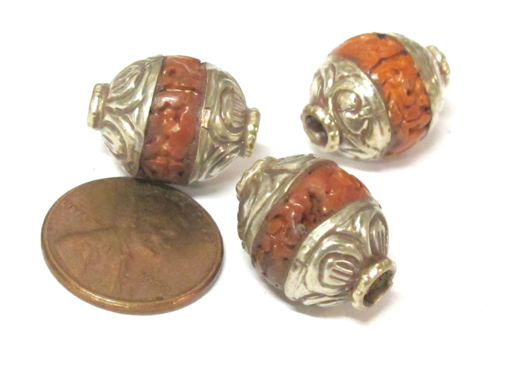 2 Beads - Tibetan capped Bodhi seed beads with floral design on cap - NB154