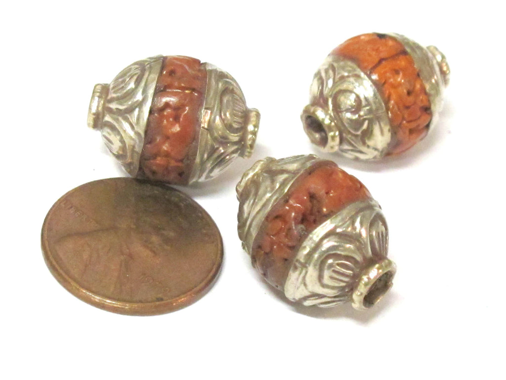 2 Beads - Tibetan capped Bodhi seed beads with floral design on cap - NB154