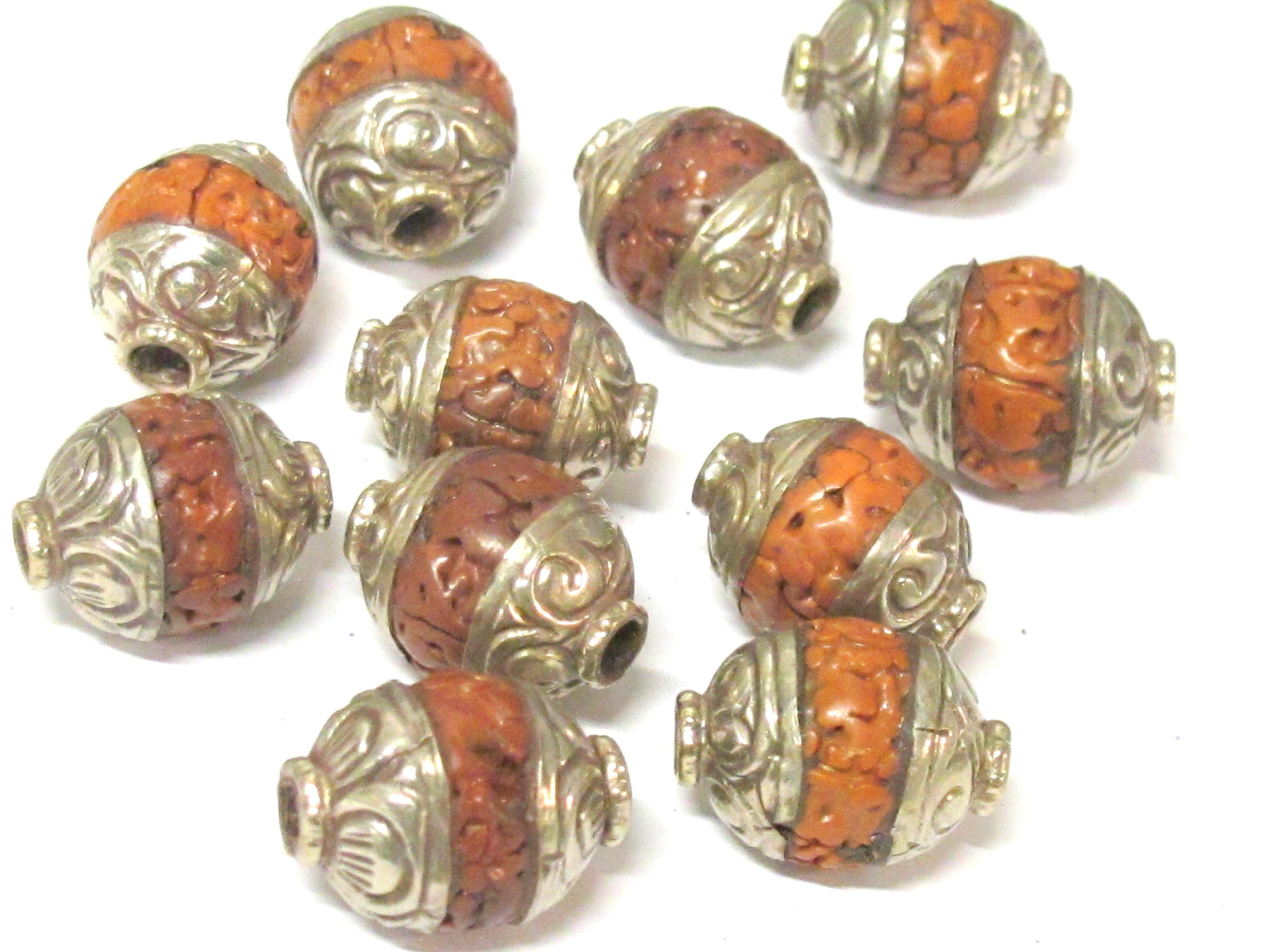 2 Beads - Tibetan capped Bodhi seed beads with floral design on cap - NB154
