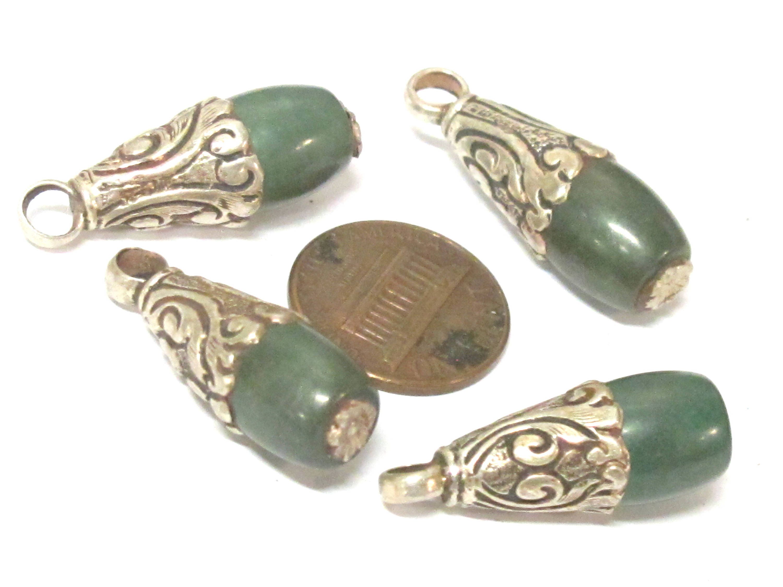 1 Pendant - Sterling silver plated capped ethnic Tibetan turquoise drop charm pendant - PM569