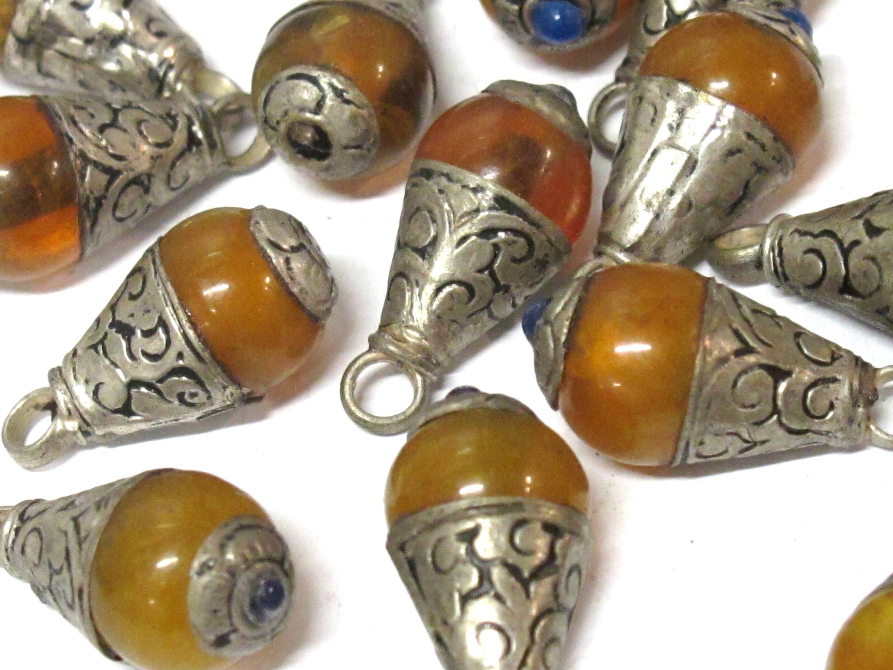 1 Pendant - Small size Tibetan honey copal resin drop pendant with silver color floral bail design - PM568B