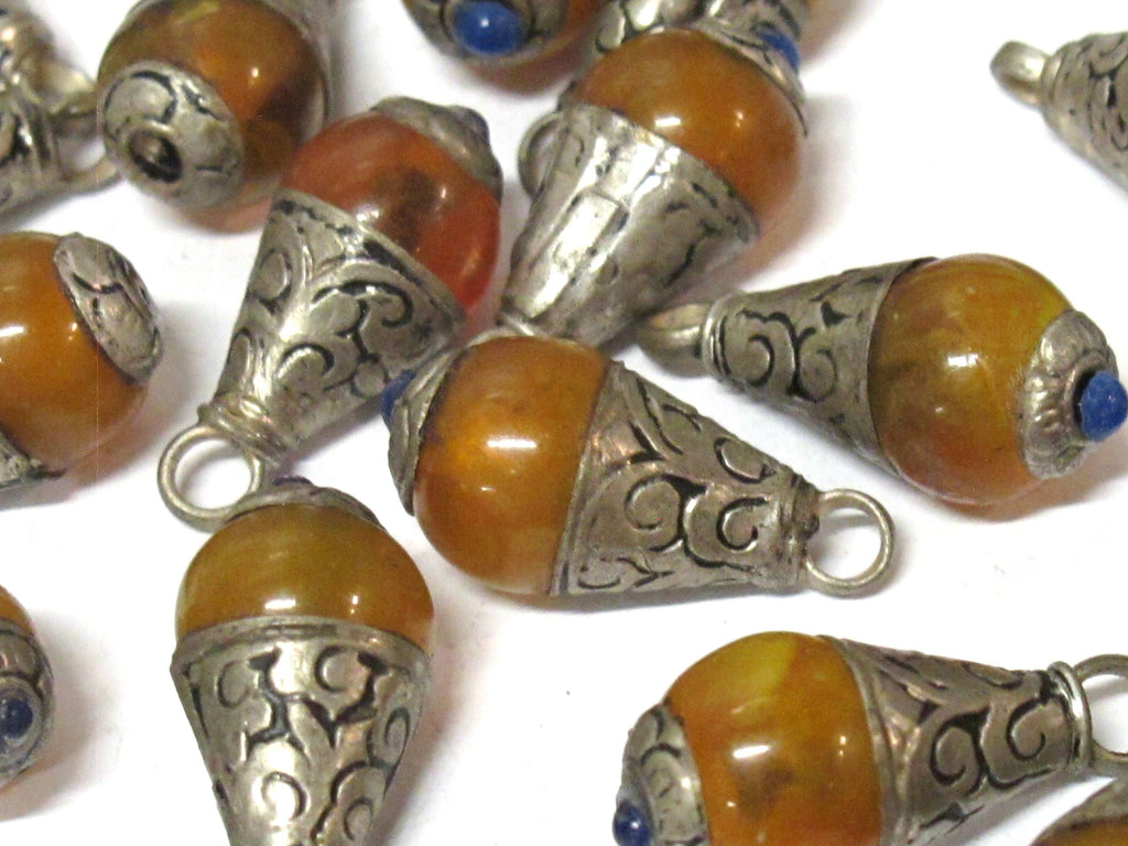 1 Pendant - Small size Tibetan honey copal resin drop pendant with silver color floral bail design - PM568B