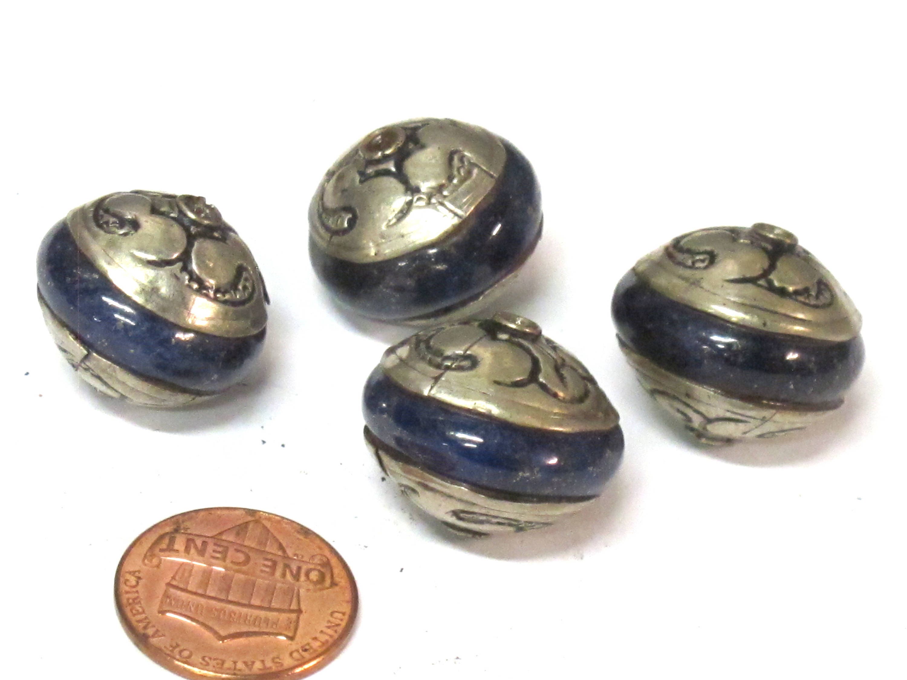 1 Bead - Ethnic Tibetan silver capped rondelle shape Lapis Lazuli gemstone beads from Nepal - BD970