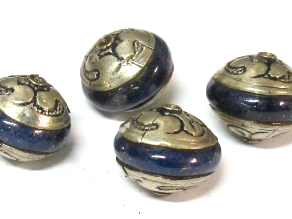 1 Bead - Ethnic Tibetan silver capped rondelle shape Lapis Lazuli gemstone beads from Nepal - BD970