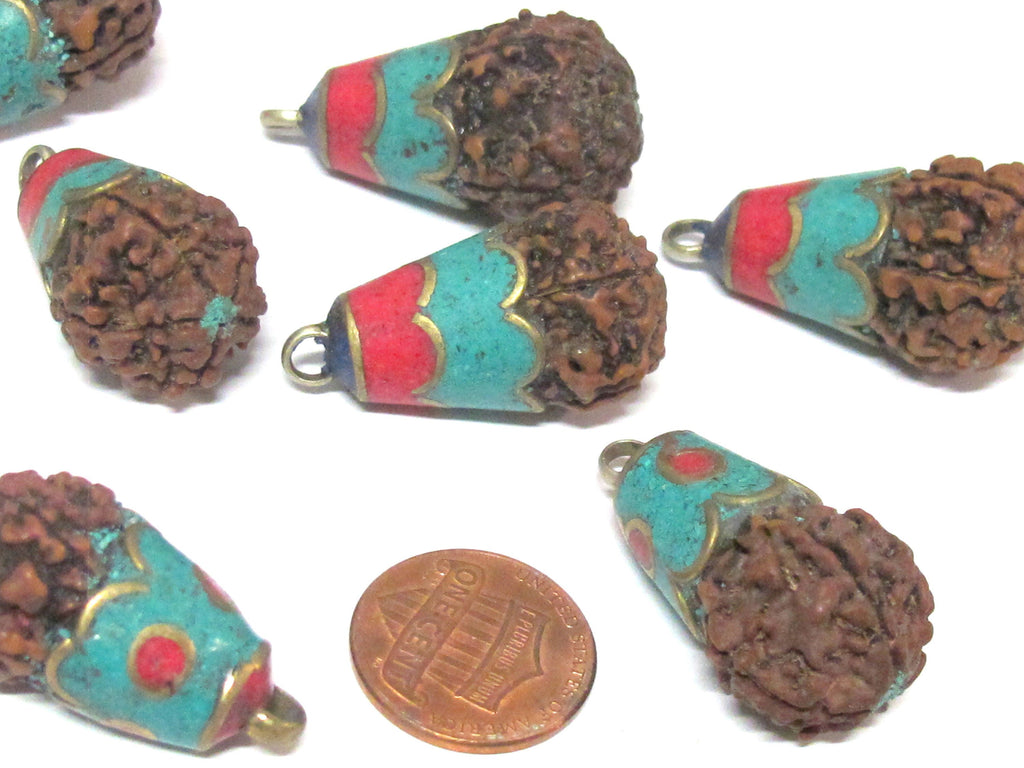1 Pendant - Tibetan Nepal natural Rudraksha seed bead brass capped drop pendant - PM566