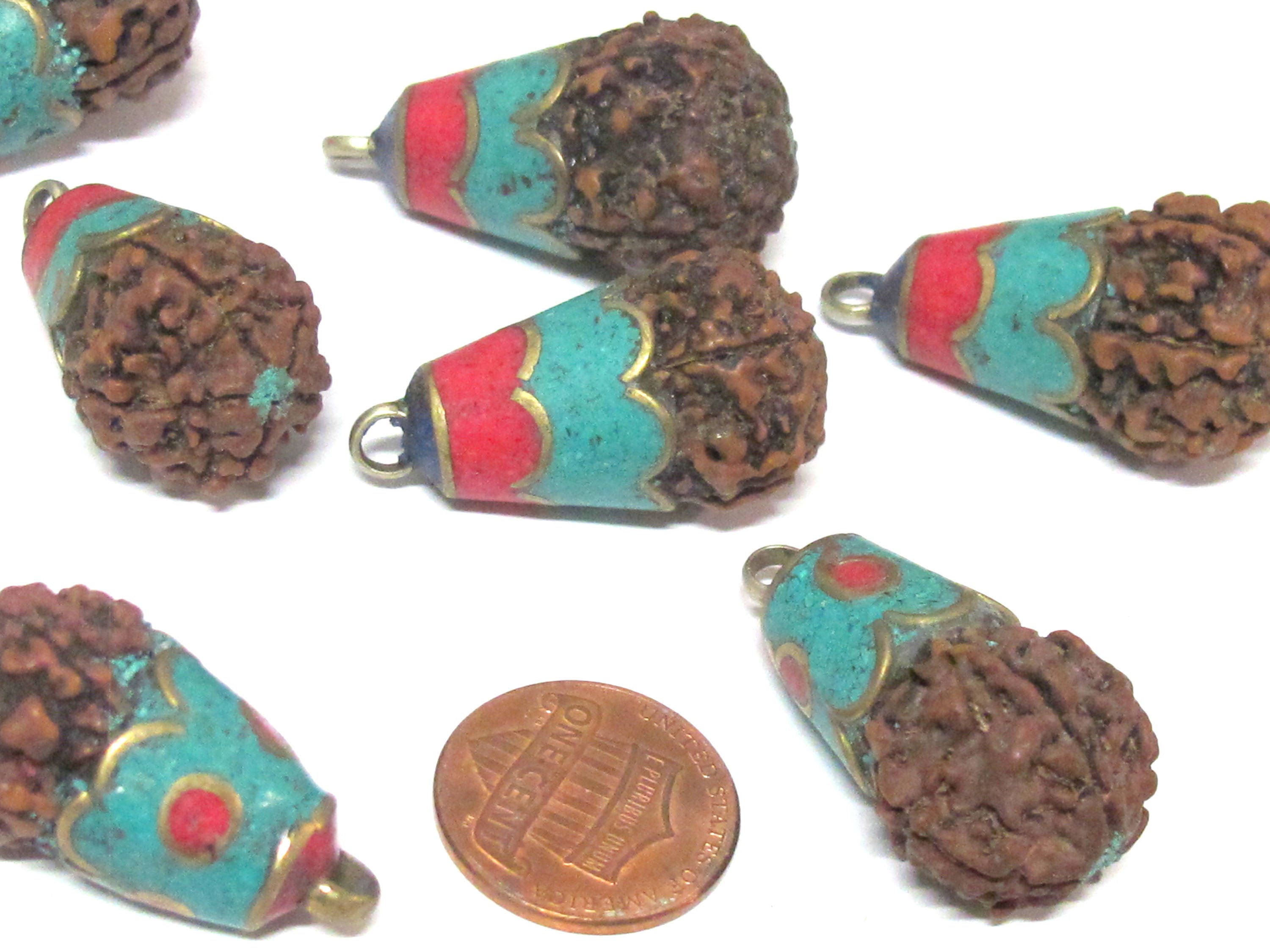 1 Pendant - Tibetan Nepal natural Rudraksha seed bead brass capped drop pendant - PM566