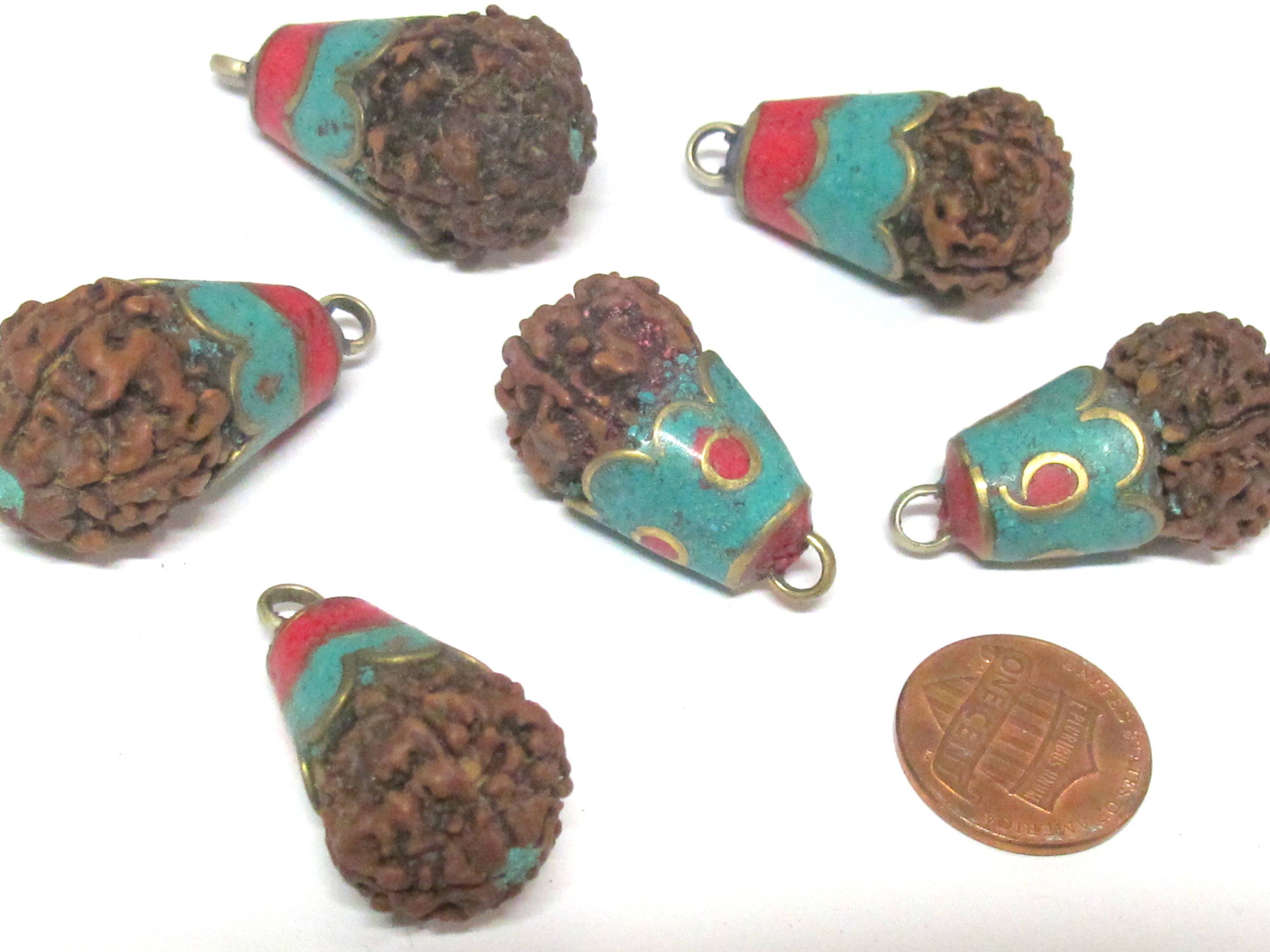 1 Pendant - Tibetan Nepal natural Rudraksha seed bead brass capped drop pendant - PM566