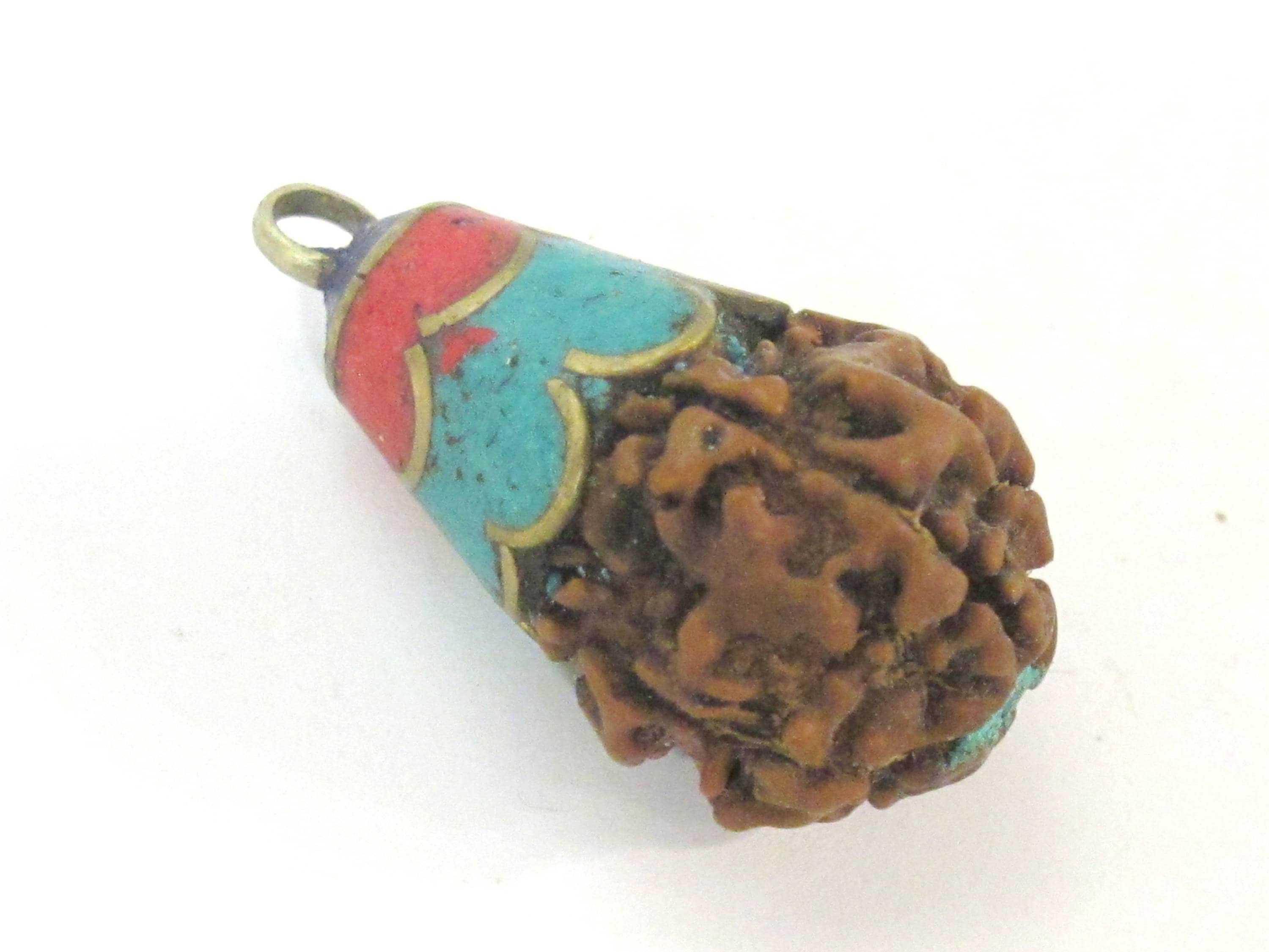 1 Pendant - Tibetan Nepal natural Rudraksha seed bead brass capped drop pendant - PM566