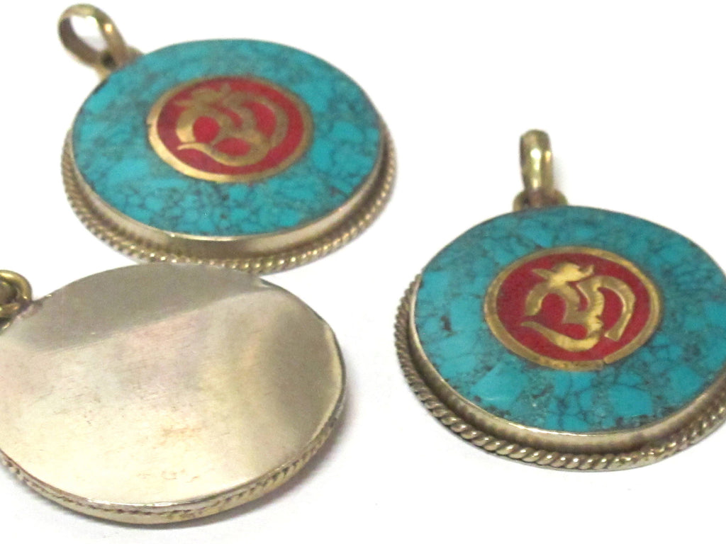1 Pendant - Tibetan OM pendant with turquoise coral inlay - PM567