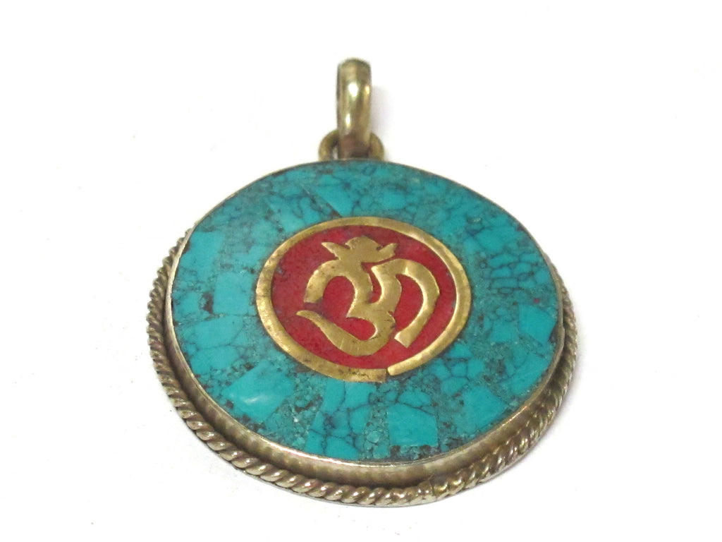 1 Pendant - Tibetan OM pendant with turquoise coral inlay - PM567