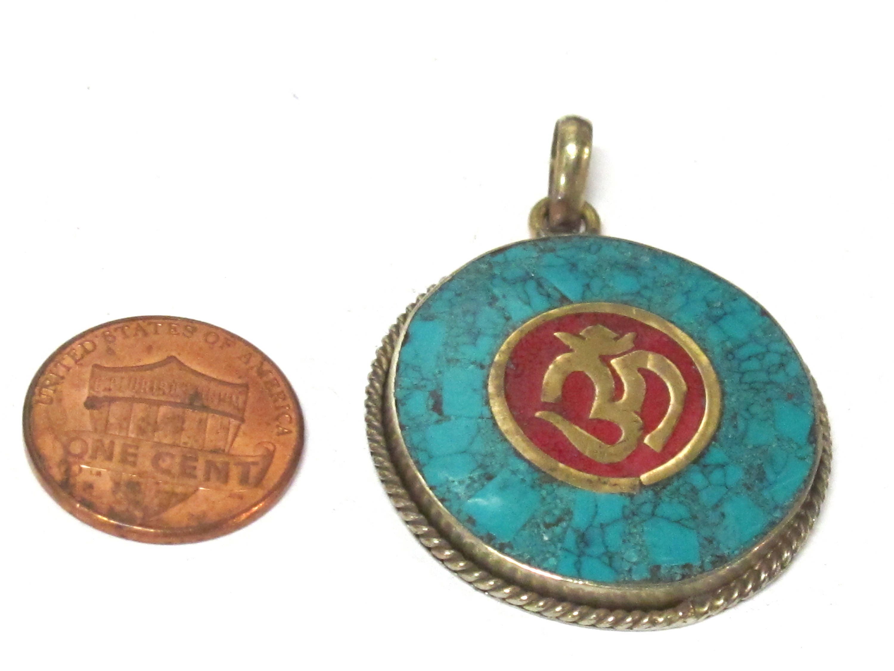 1 Pendant - Tibetan OM pendant with turquoise coral inlay - PM567