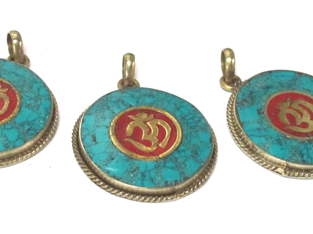 1 Pendant - Tibetan OM pendant with turquoise coral inlay - PM567
