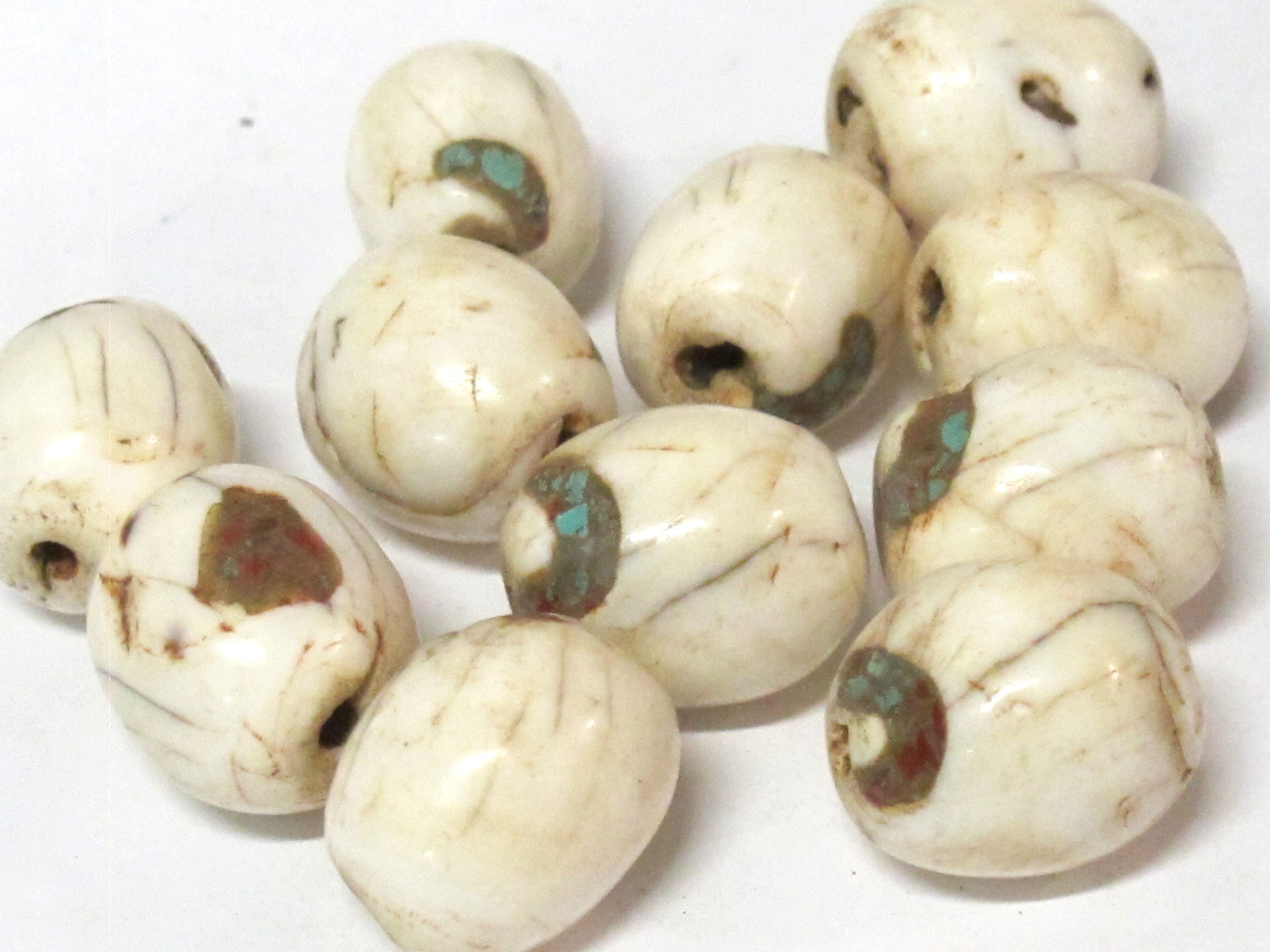 1 Bead - Ethnic Tibetan naga conch shell olive barrel shape beads with inlay - CH017A