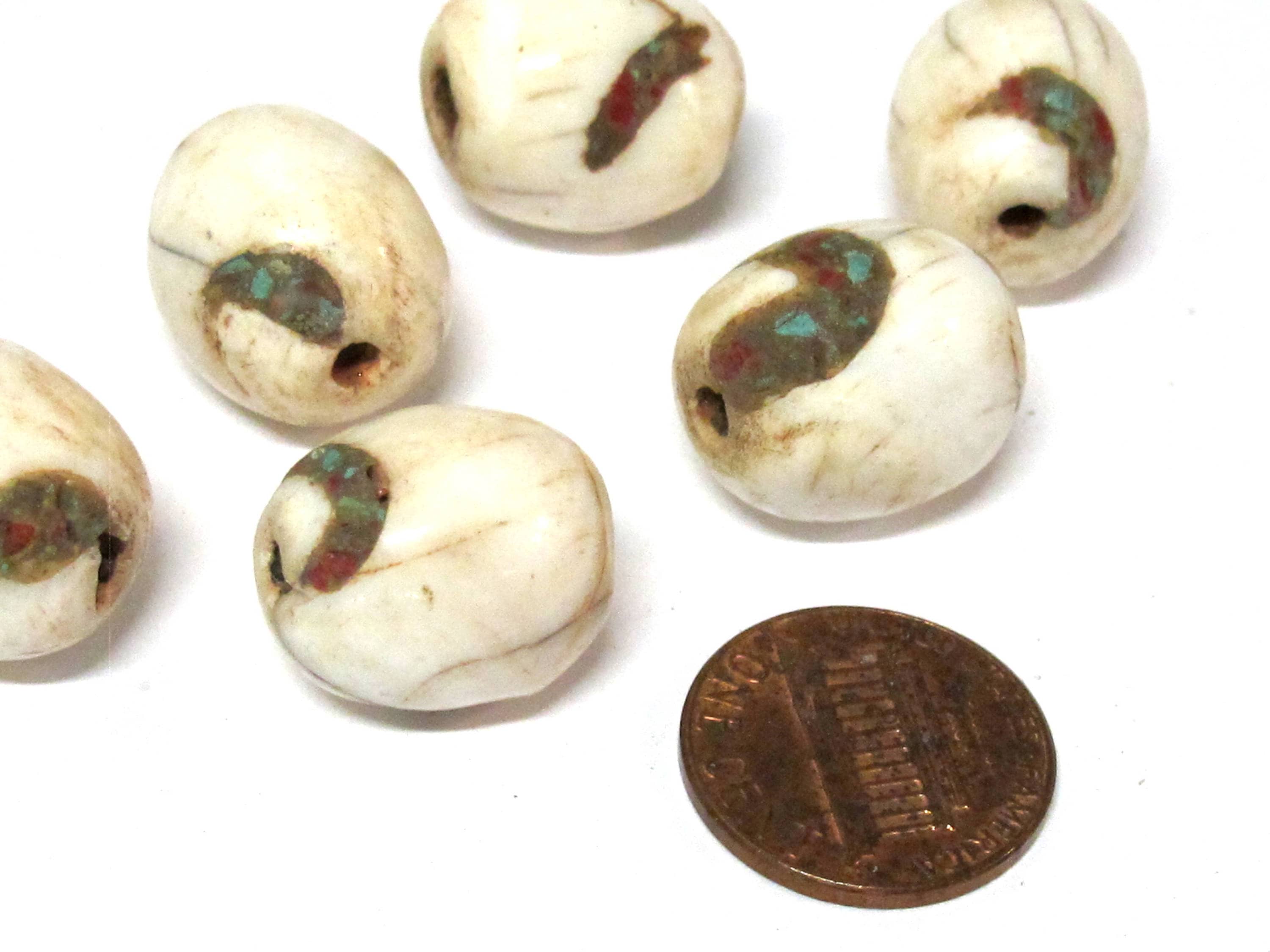 1 Bead - Ethnic Tibetan naga conch shell olive barrel shape beads with inlay - CH017A