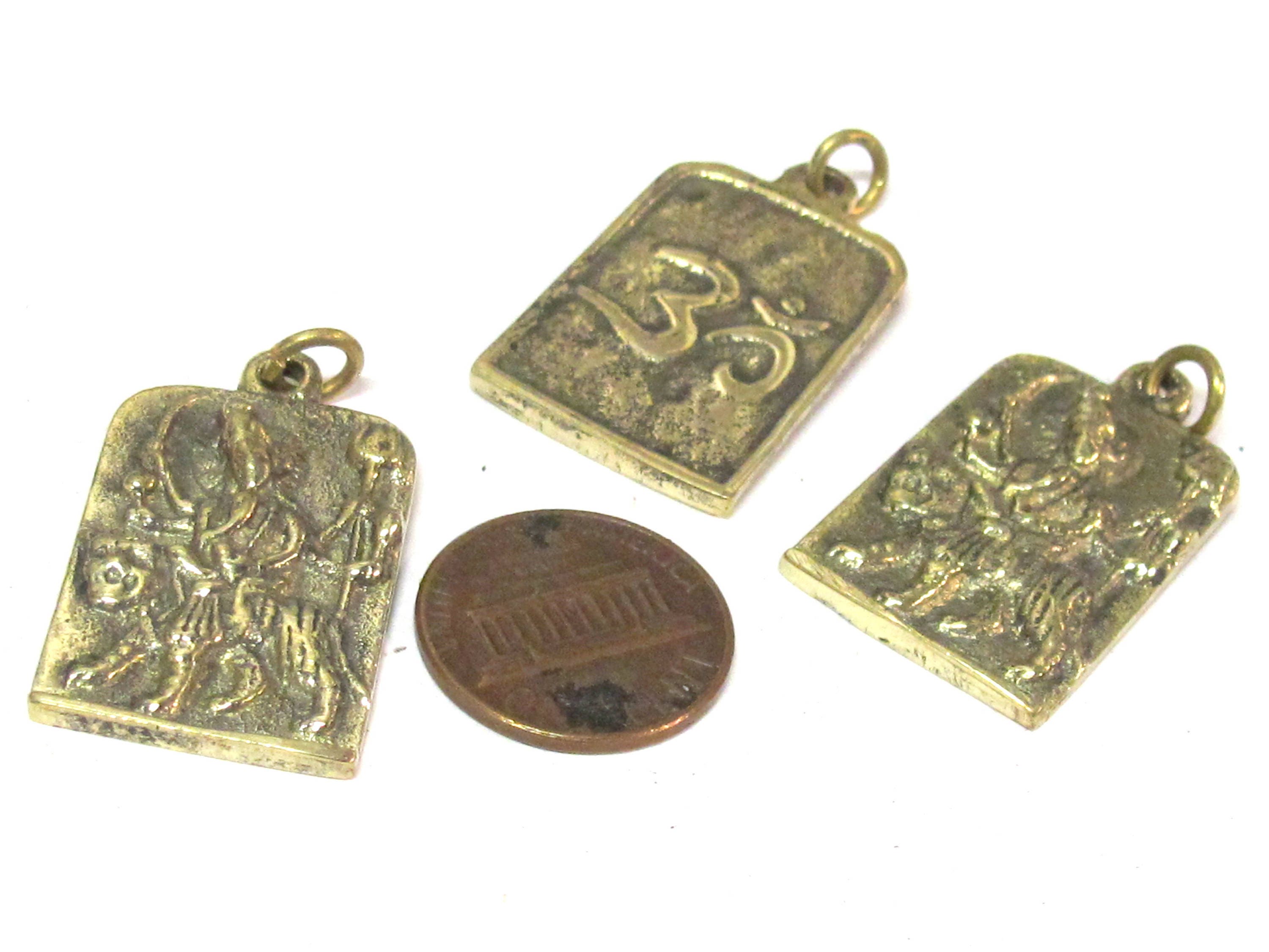 1 Pendant - Hindu Goddess Durga Maa and Om reversible Brass amulet pendant - CP114A