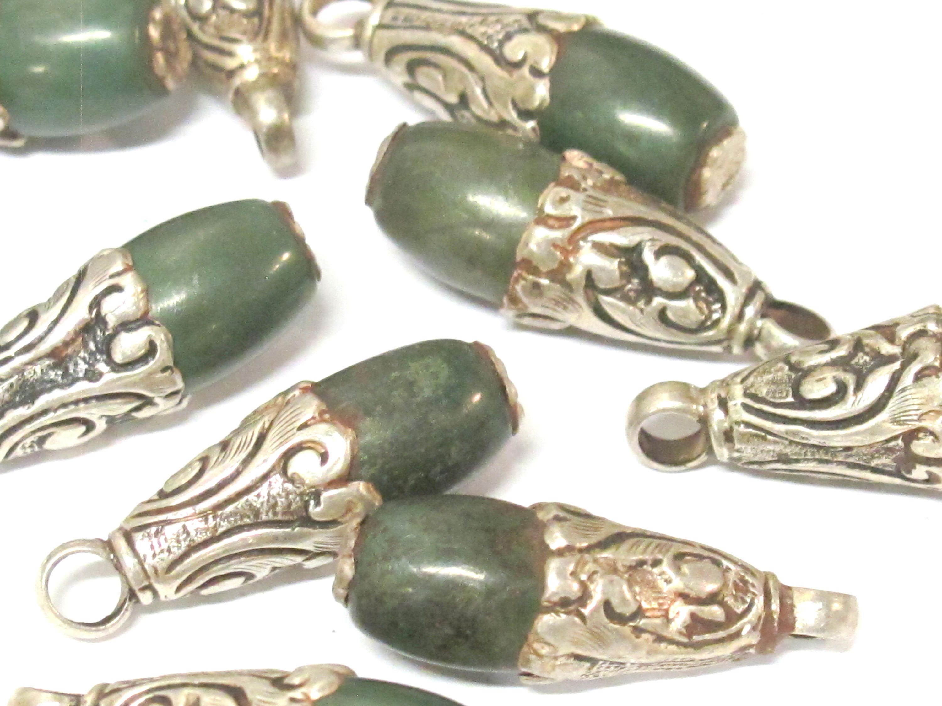 1 Pendant - Sterling silver plated capped ethnic Tibetan turquoise drop charm pendant - PM569