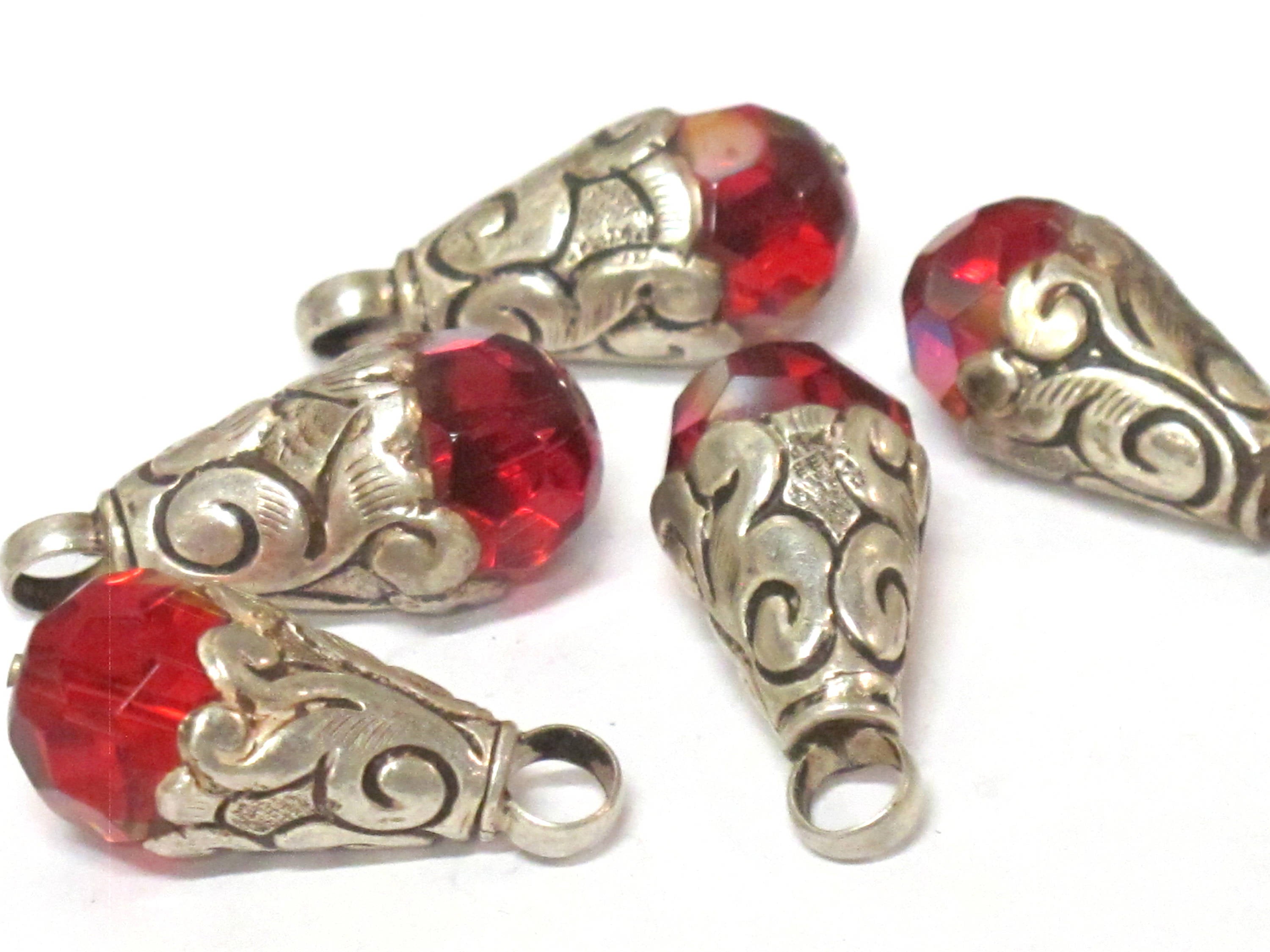 1 Pendant - Sterling silver plated capped ethnic Tibetan faceted crystal drop charm pendant - PM570