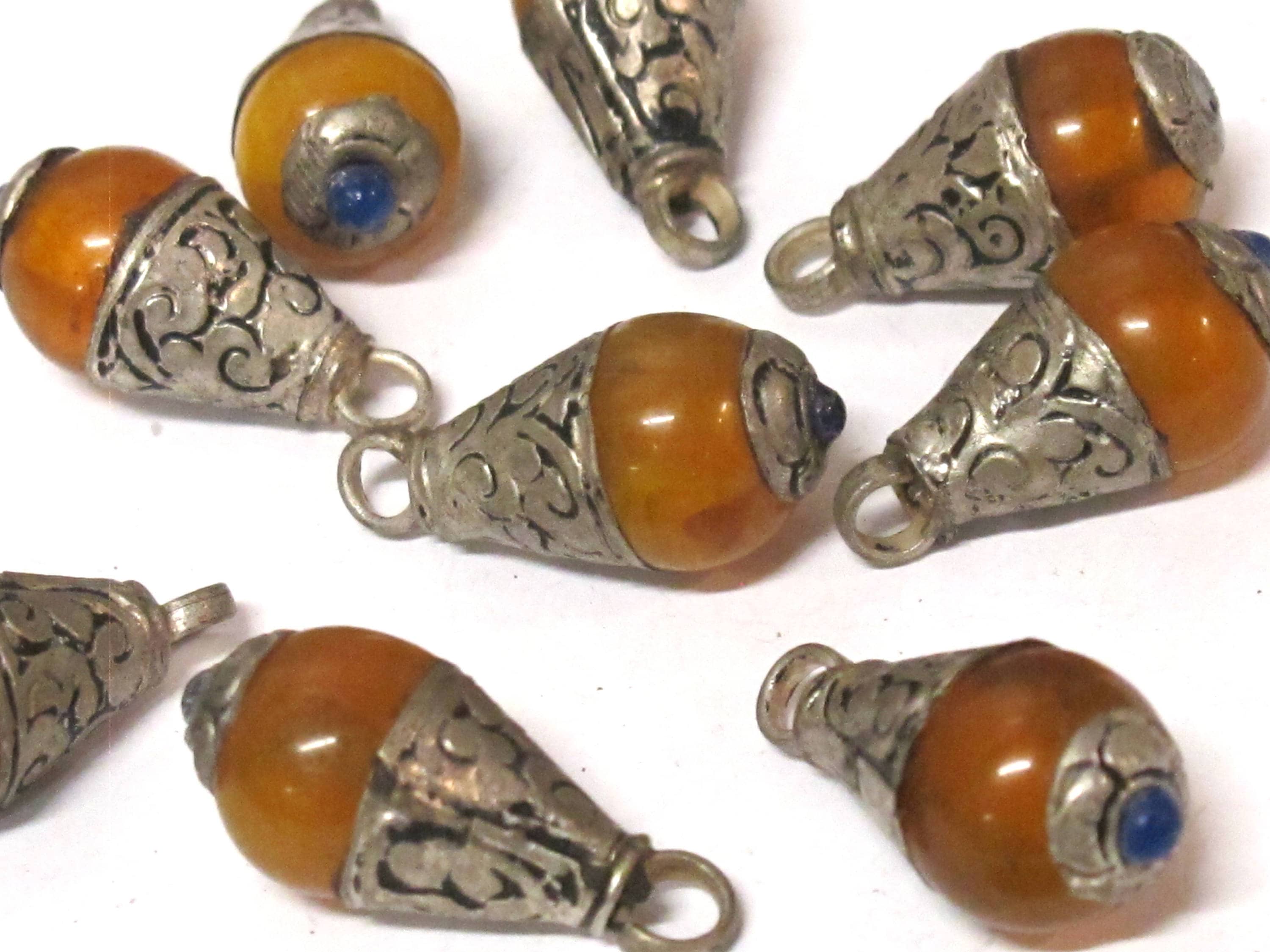 1 Pendant - Small size Tibetan honey copal resin drop pendant with silver color floral bail design - PM568B