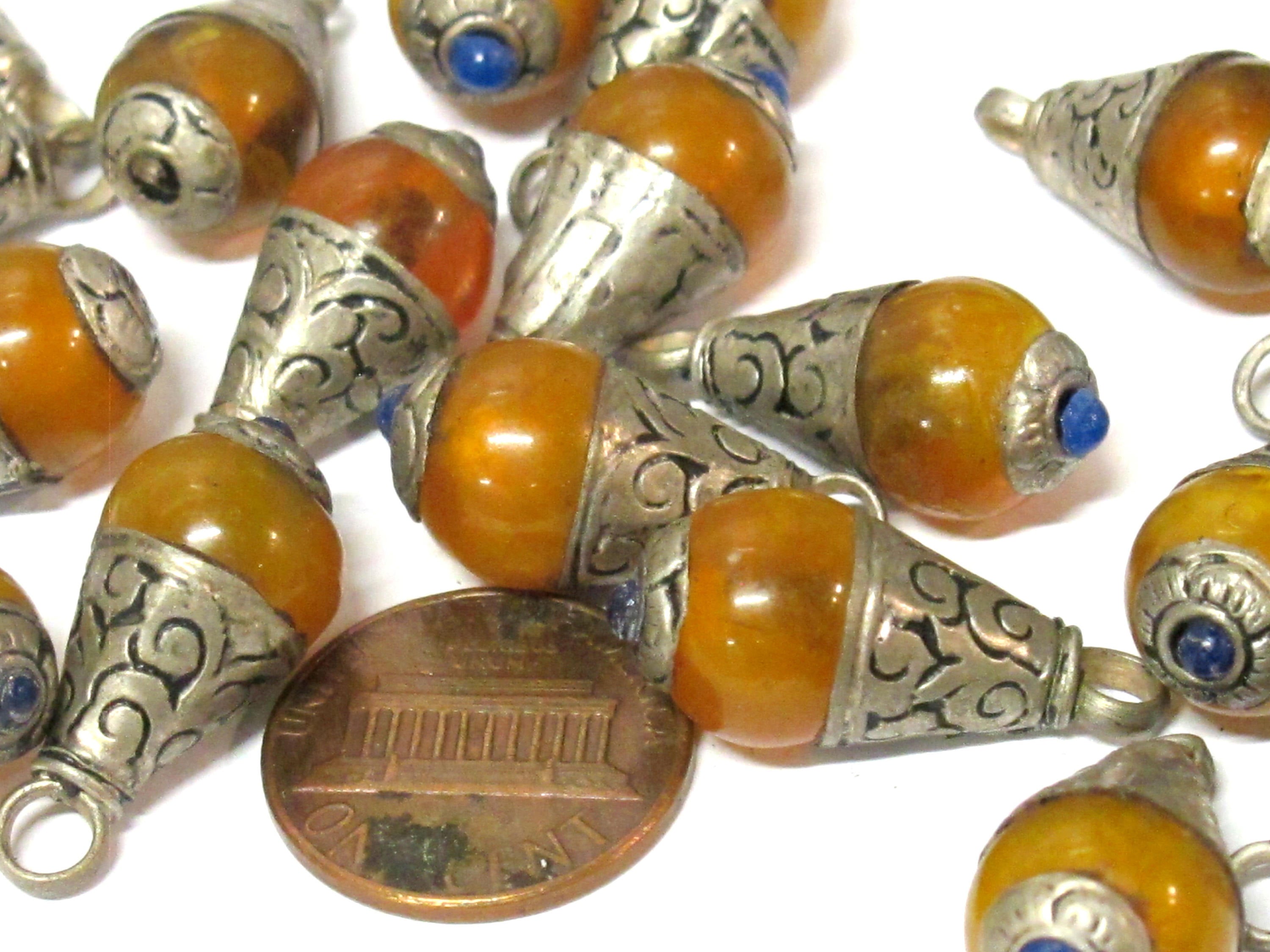 1 Pendant - Small size Tibetan honey copal resin drop pendant with silver color floral bail design - PM568B