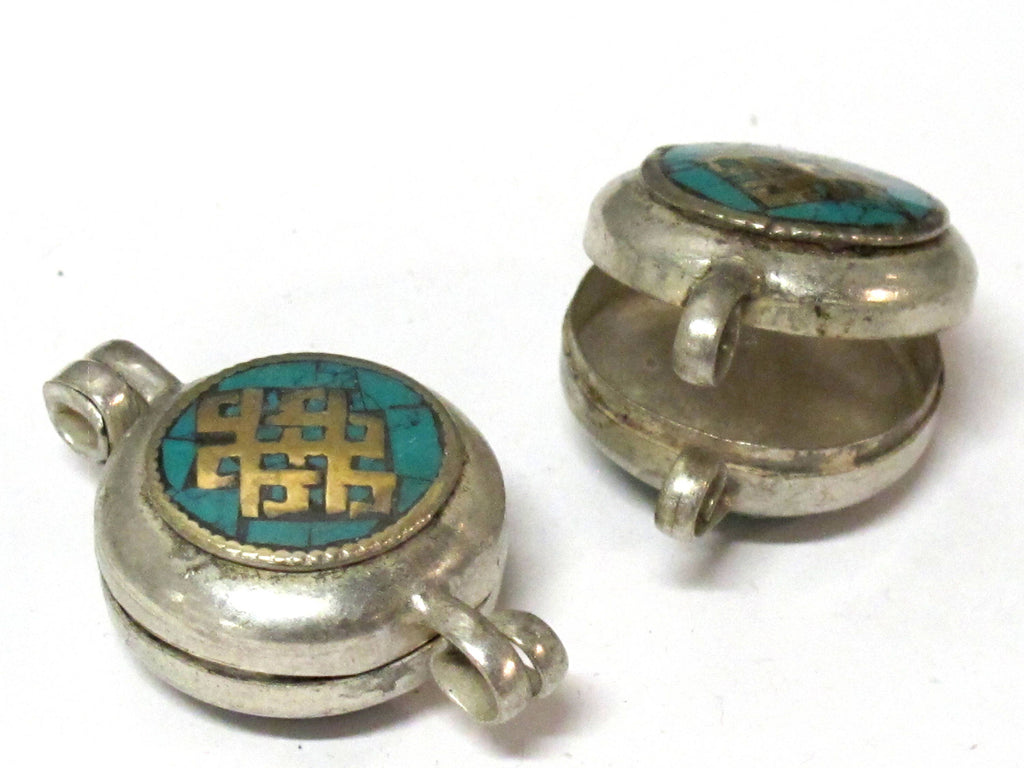 1 Pendant - Reversible endless Knot OM symbol Tibetan silver turquoise inlaid Ghau prayer box Endless knot pendant - PM571C